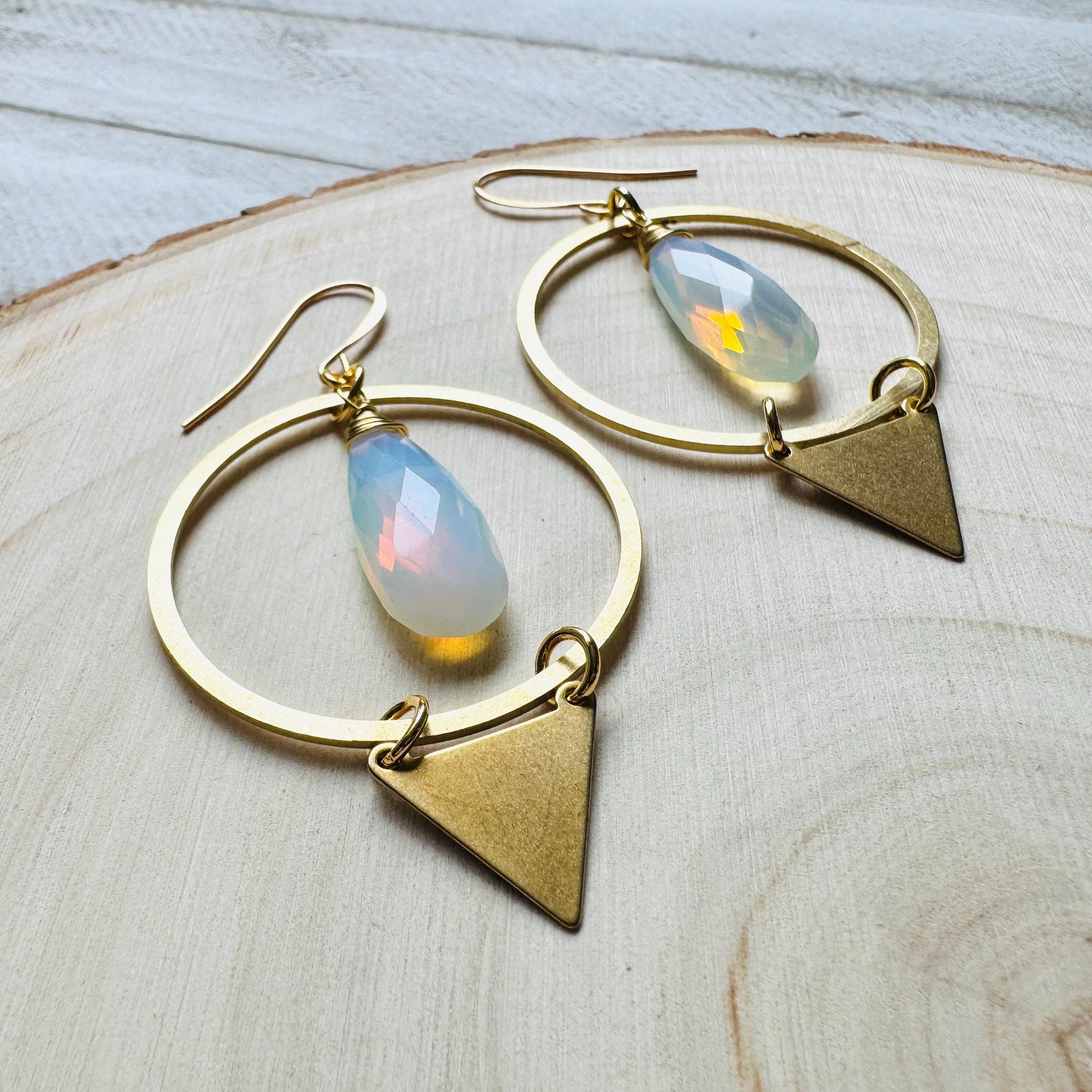 Opalite Earrings, Triangle Earrings, Brass Hoop Earrings Large, Boho Chic, Minimalistic Witchy Jewelry, Birthday Present For Her, Elegant