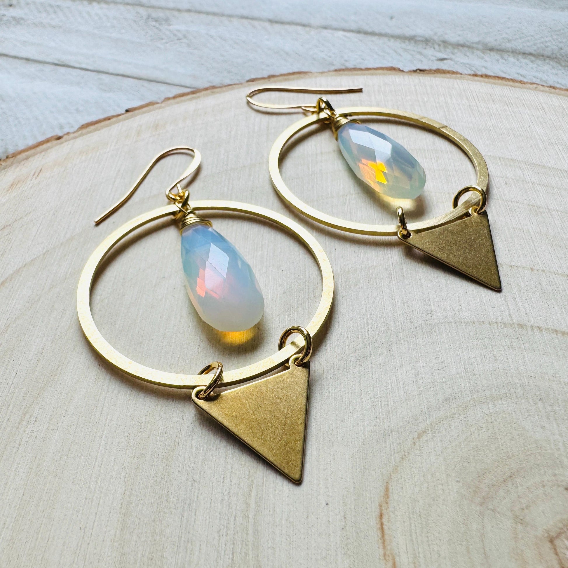 Opalite Earrings, Triangle Earrings, Brass Hoop Earrings Large, Boho Chic, Minimalistic Witchy Jewelry, Birthday Present For Her, Elegant
