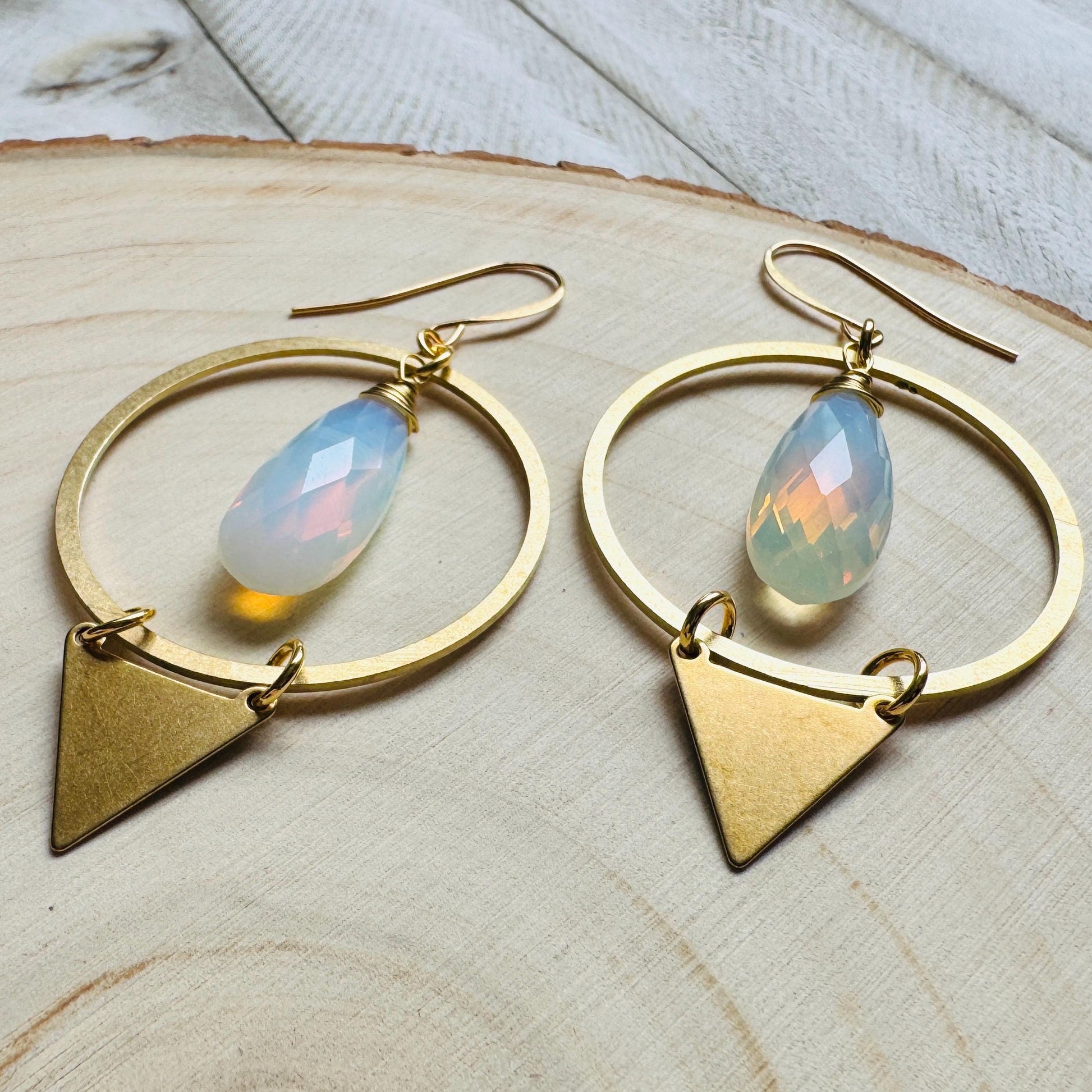 Opalite Earrings, Triangle Earrings, Brass Hoop Earrings Large, Boho Chic, Minimalistic Witchy Jewelry, Birthday Present For Her, Elegant