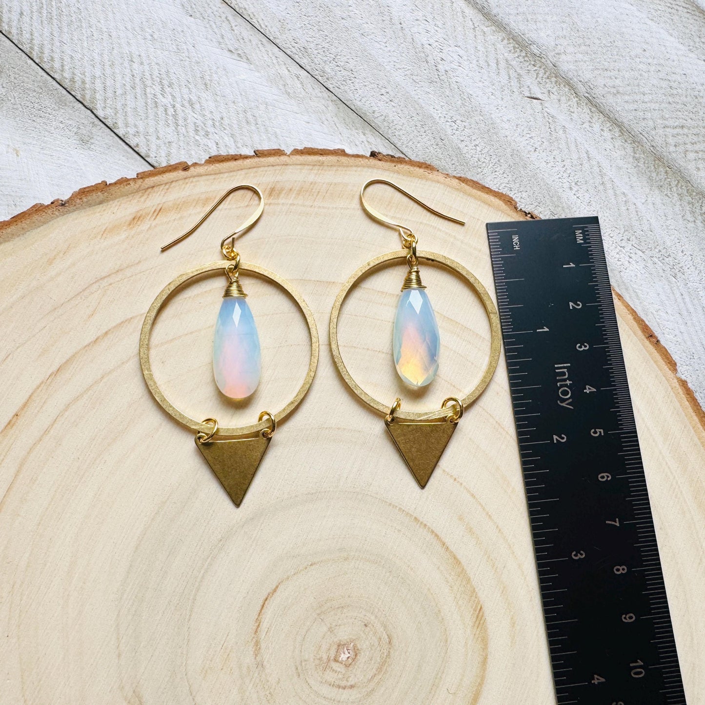 Opalite Earrings, Triangle Earrings, Brass Hoop Earrings Large, Boho Chic, Minimalistic Witchy Jewelry, Birthday Present For Her, Elegant