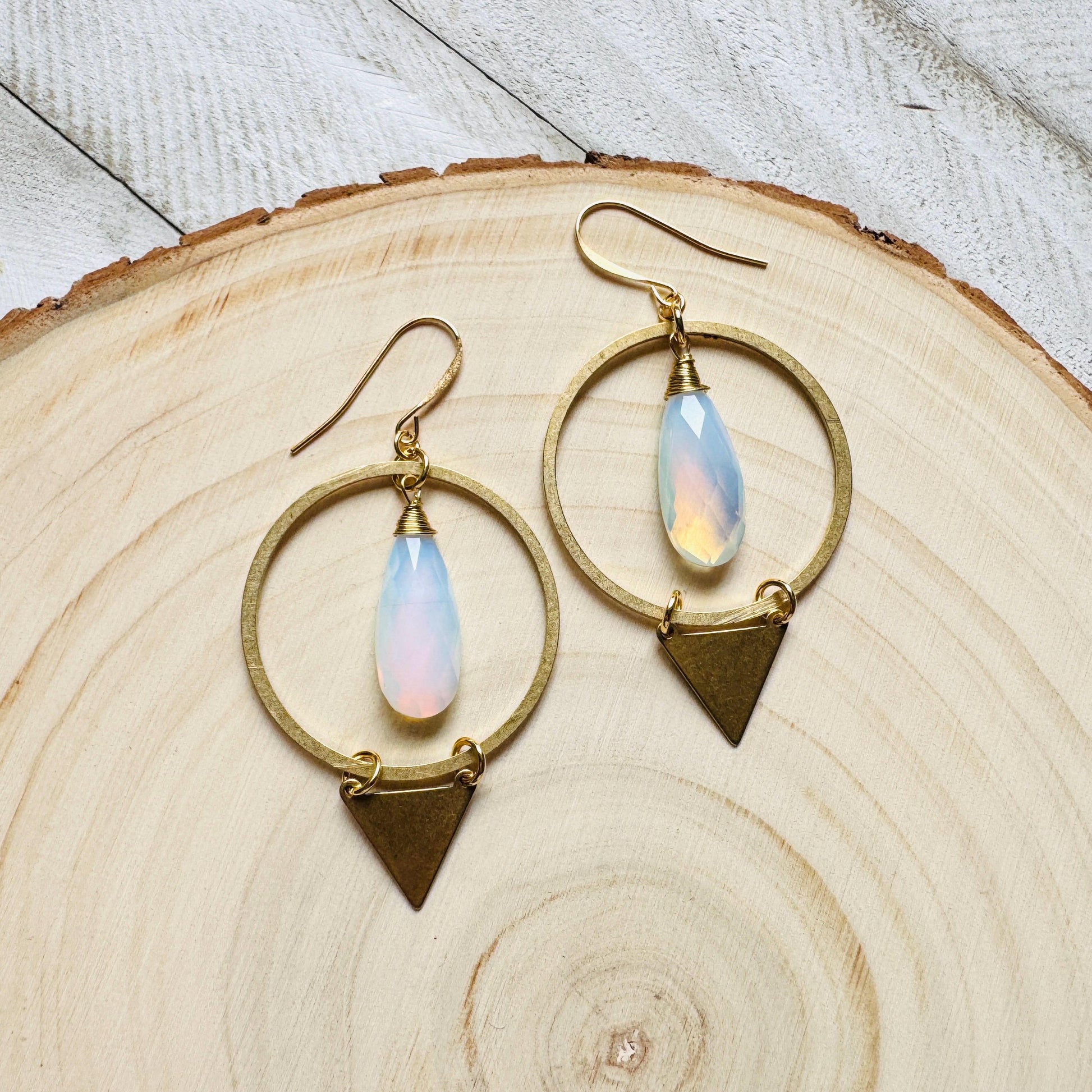 Opalite Earrings, Triangle Earrings, Brass Hoop Earrings Large, Boho Chic, Minimalistic Witchy Jewelry, Birthday Present For Her, Elegant