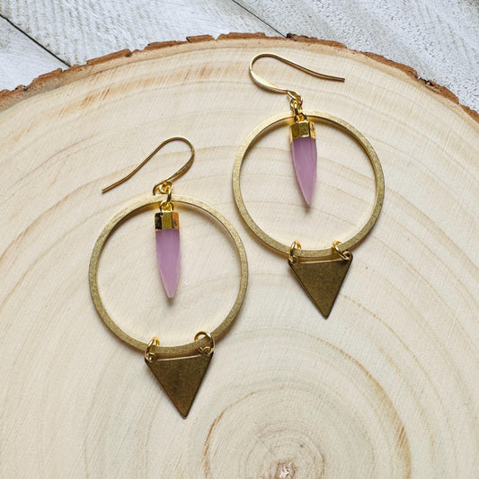 Rose Chalcedony Earrings, Triangle Earrings, Pink Earrings, Boho Hoops, Western Jewelry, Birthday Gift for Daughter, Friend Gifts for Women