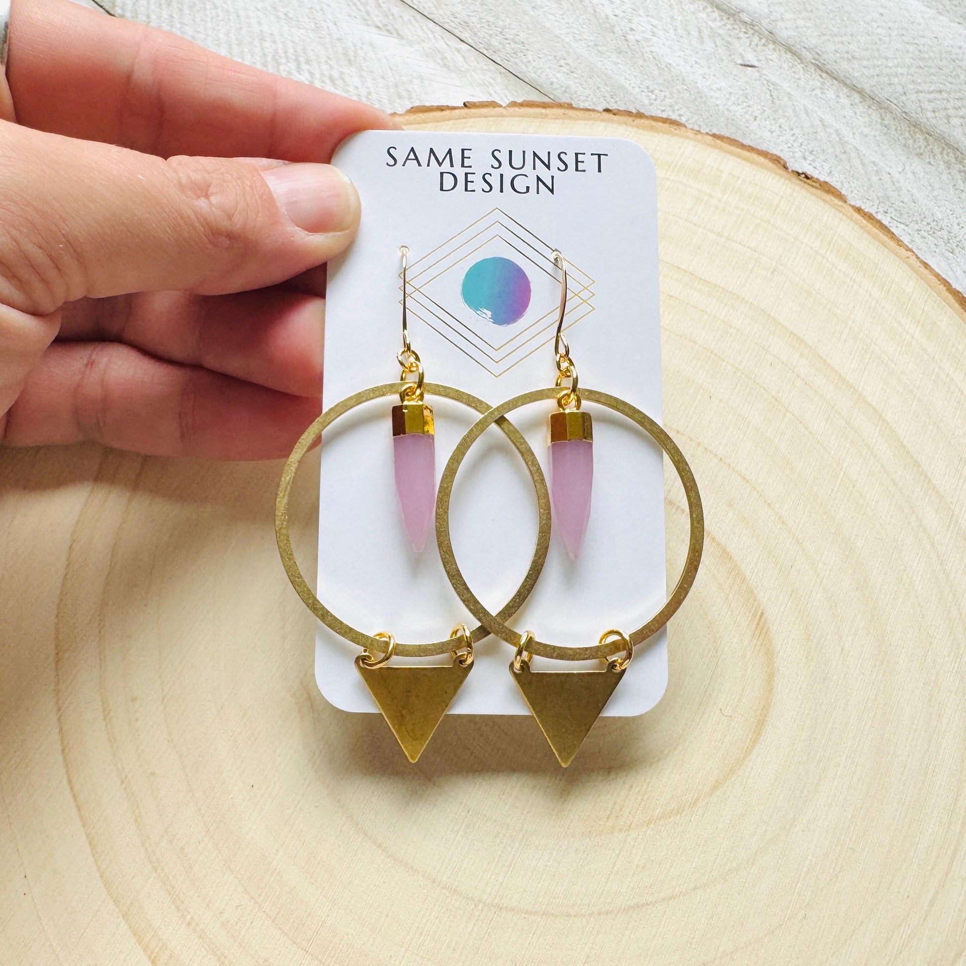 Rose Chalcedony Earrings, Triangle Earrings, Pink Earrings, Boho Hoops, Western Jewelry, Birthday Gift for Daughter, Friend Gifts for Women