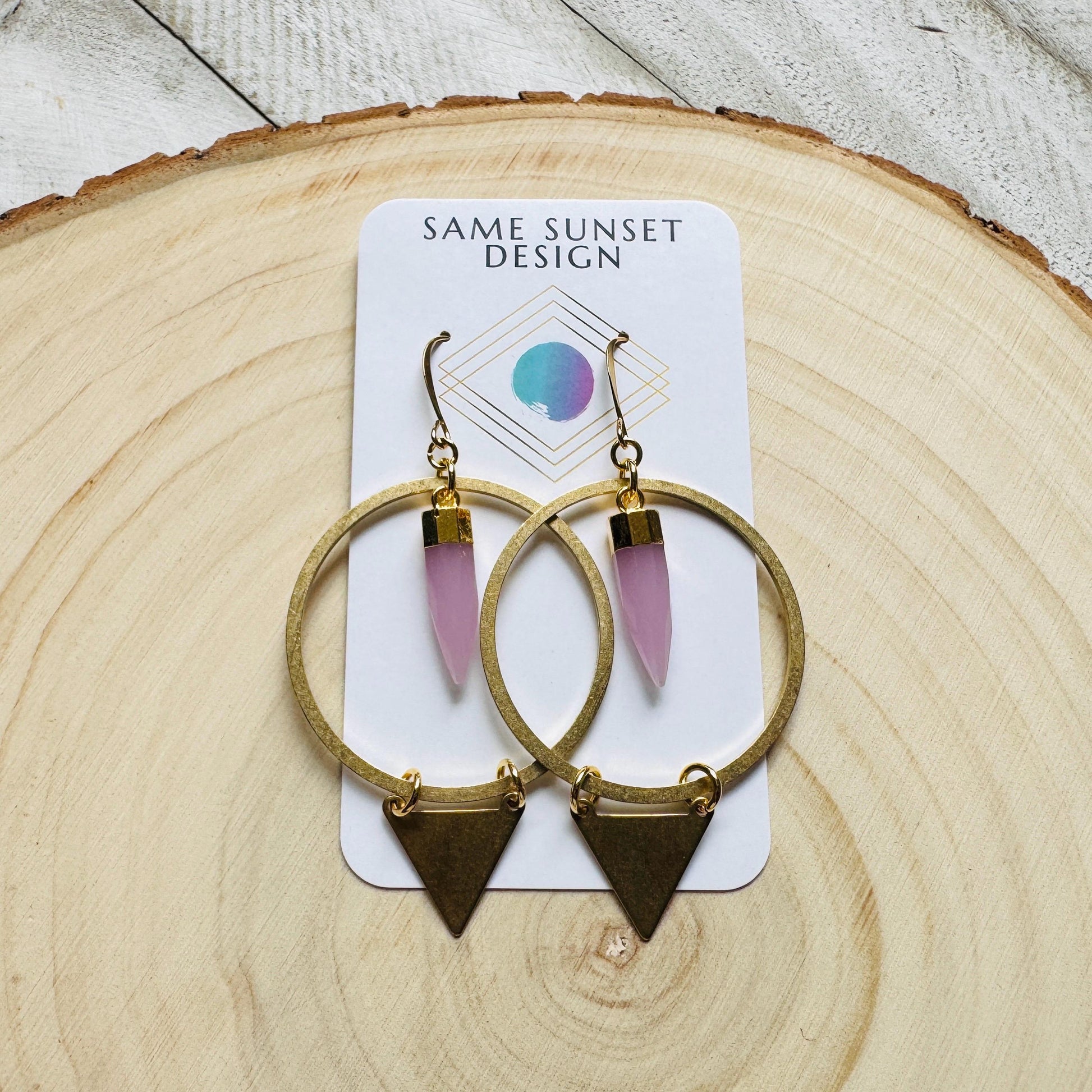 Rose Chalcedony Earrings, Triangle Earrings, Pink Earrings, Boho Hoops, Western Jewelry, Birthday Gift for Daughter, Friend Gifts for Women