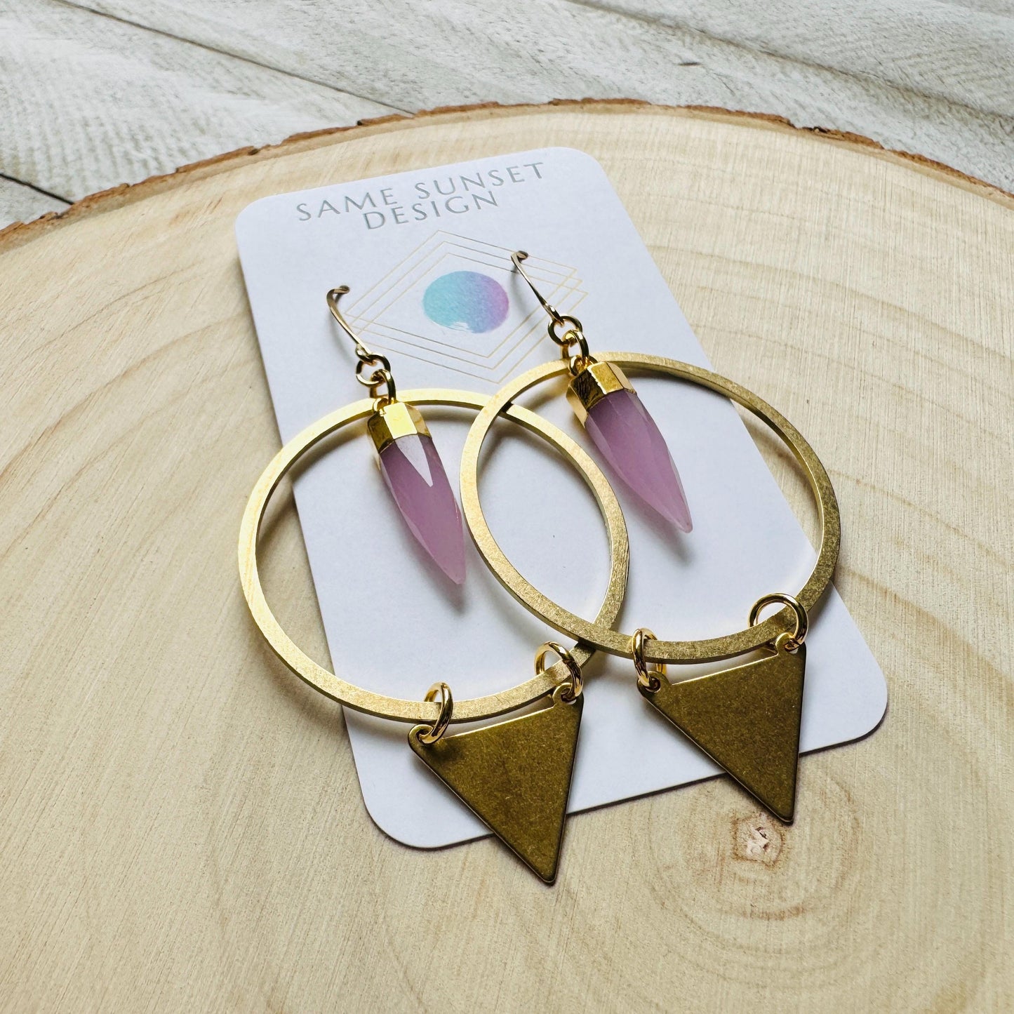 Rose Chalcedony Earrings, Triangle Earrings, Pink Earrings, Boho Hoops, Western Jewelry, Birthday Gift for Daughter, Friend Gifts for Women