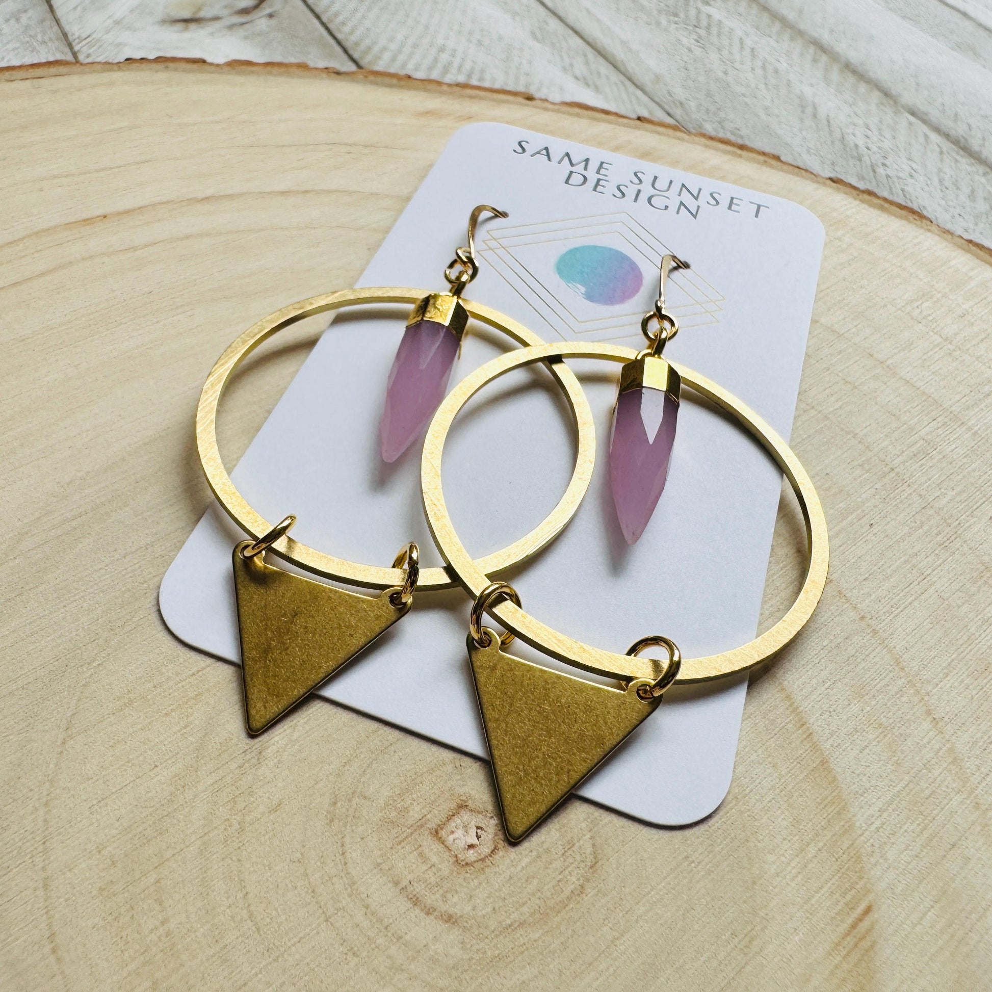 Rose Chalcedony Earrings, Triangle Earrings, Pink Earrings, Boho Hoops, Western Jewelry, Birthday Gift for Daughter, Friend Gifts for Women