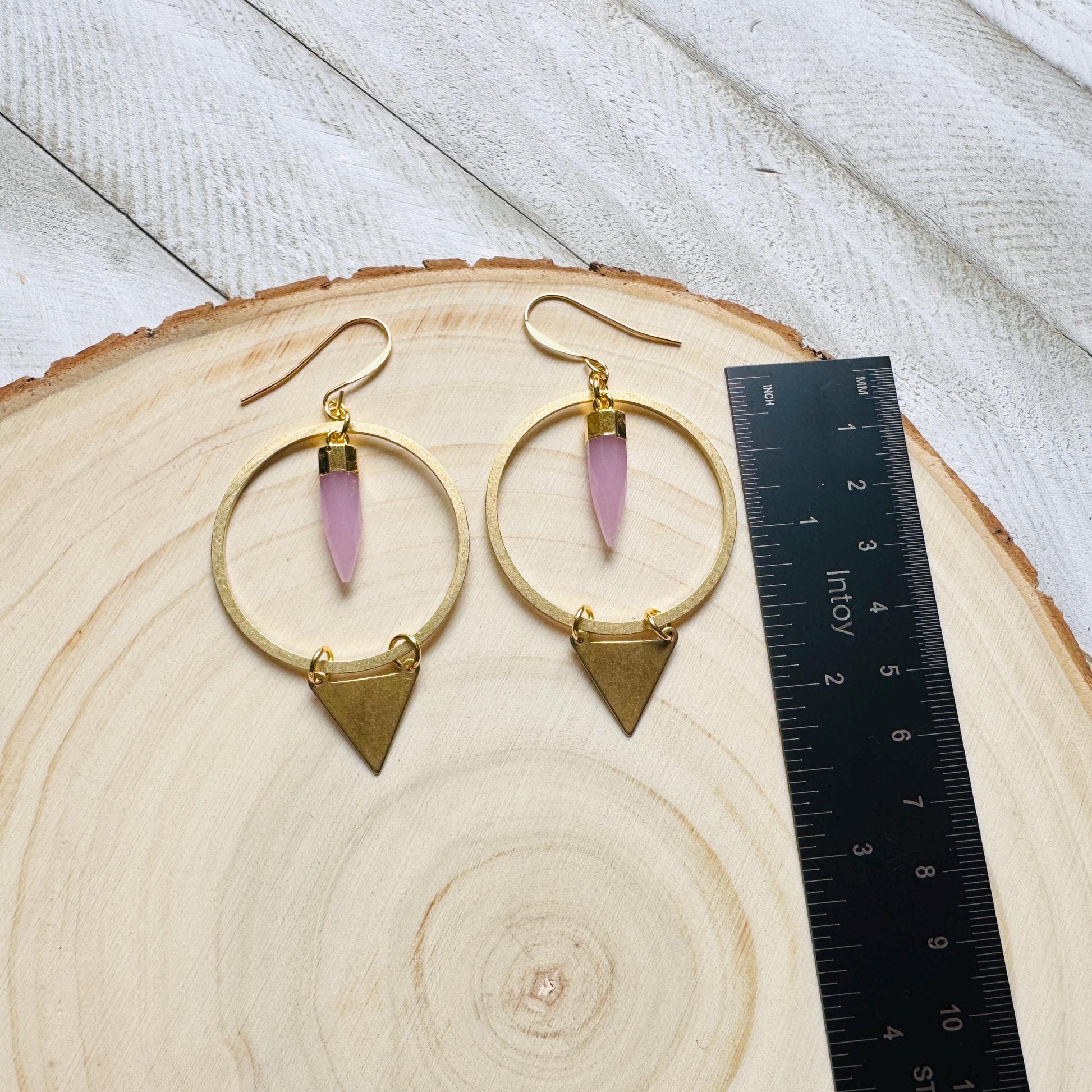 Rose Chalcedony Earrings, Triangle Earrings, Pink Earrings, Boho Hoops, Western Jewelry, Birthday Gift for Daughter, Friend Gifts for Women