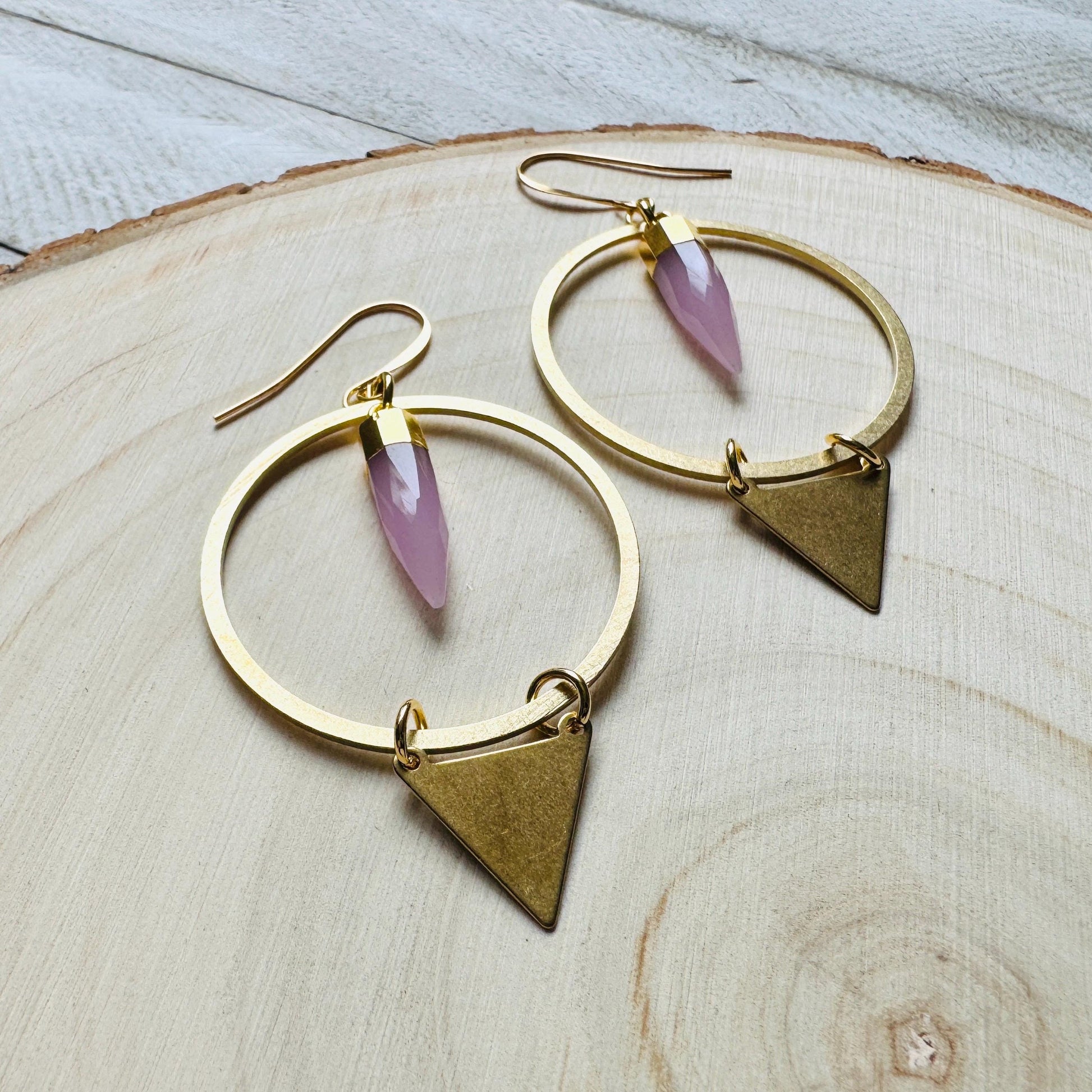 Rose Chalcedony Earrings, Triangle Earrings, Pink Earrings, Boho Hoops, Western Jewelry, Birthday Gift for Daughter, Friend Gifts for Women
