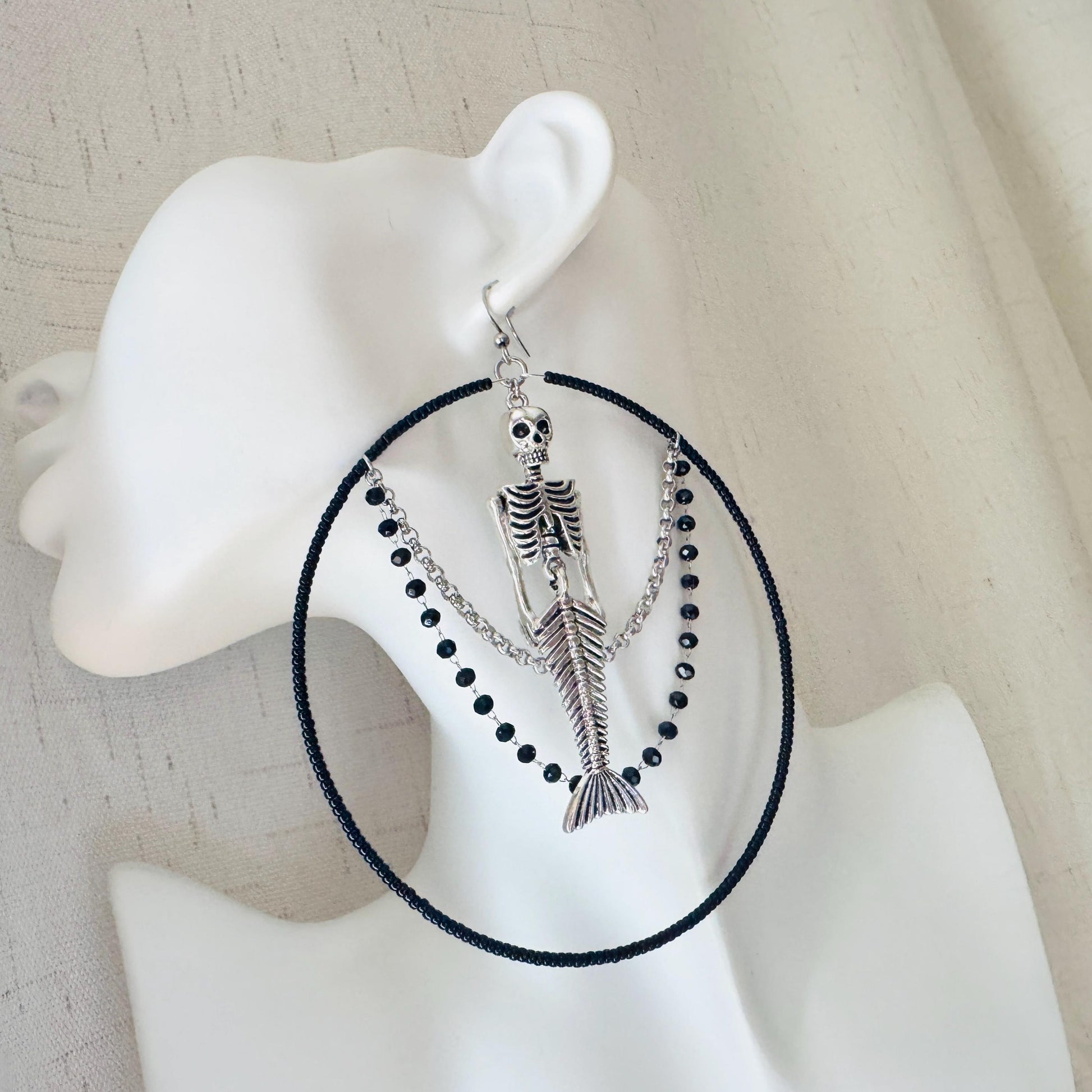Skeleton Earrings, Mermaid Earrings, Beaded Hoop Earrings, Silver Earrings, Birthday Present for Her, Gothic, Unique Gift for Adults