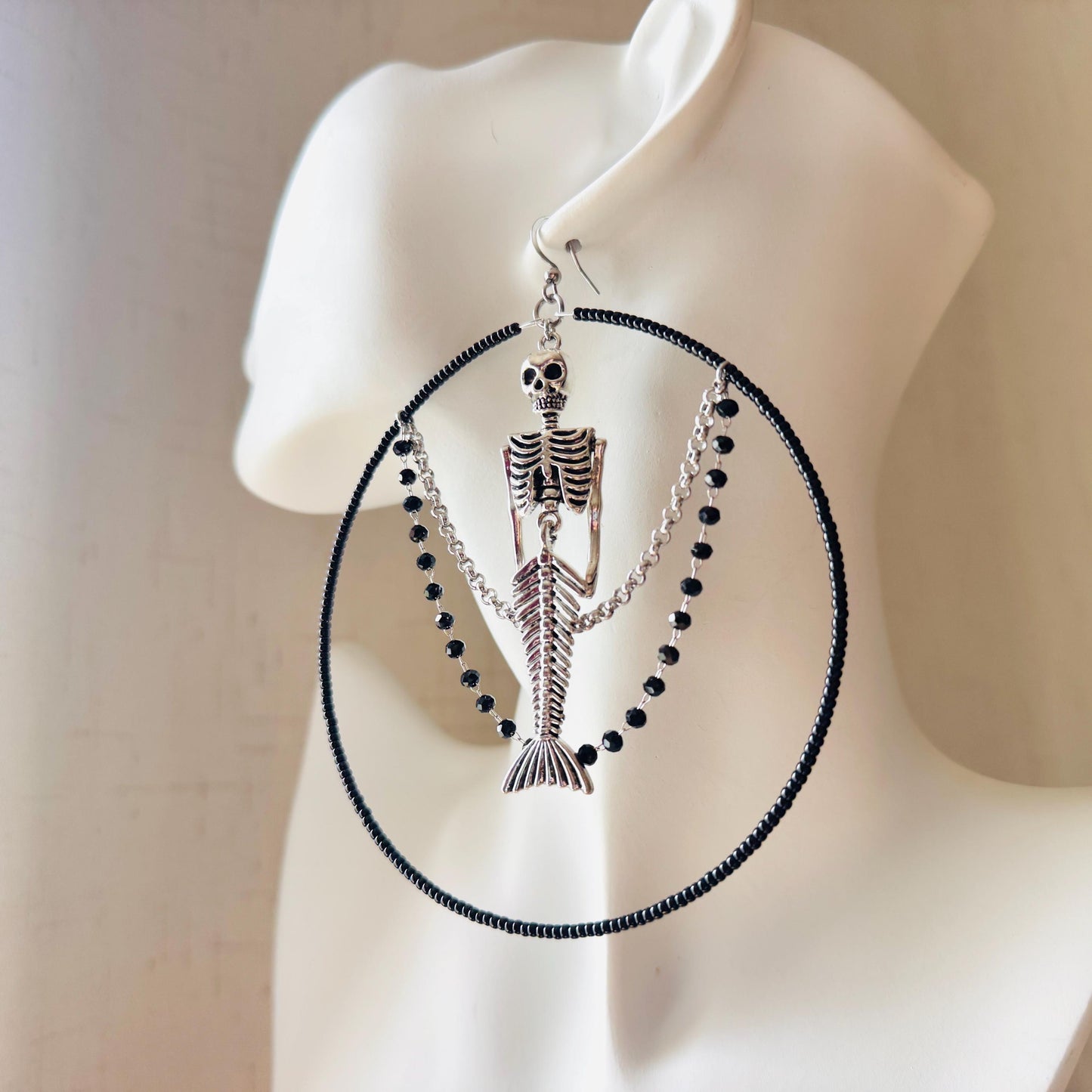 Skeleton Earrings, Mermaid Earrings, Beaded Hoop Earrings, Silver Earrings, Birthday Present for Her, Gothic, Unique Gift for Adults