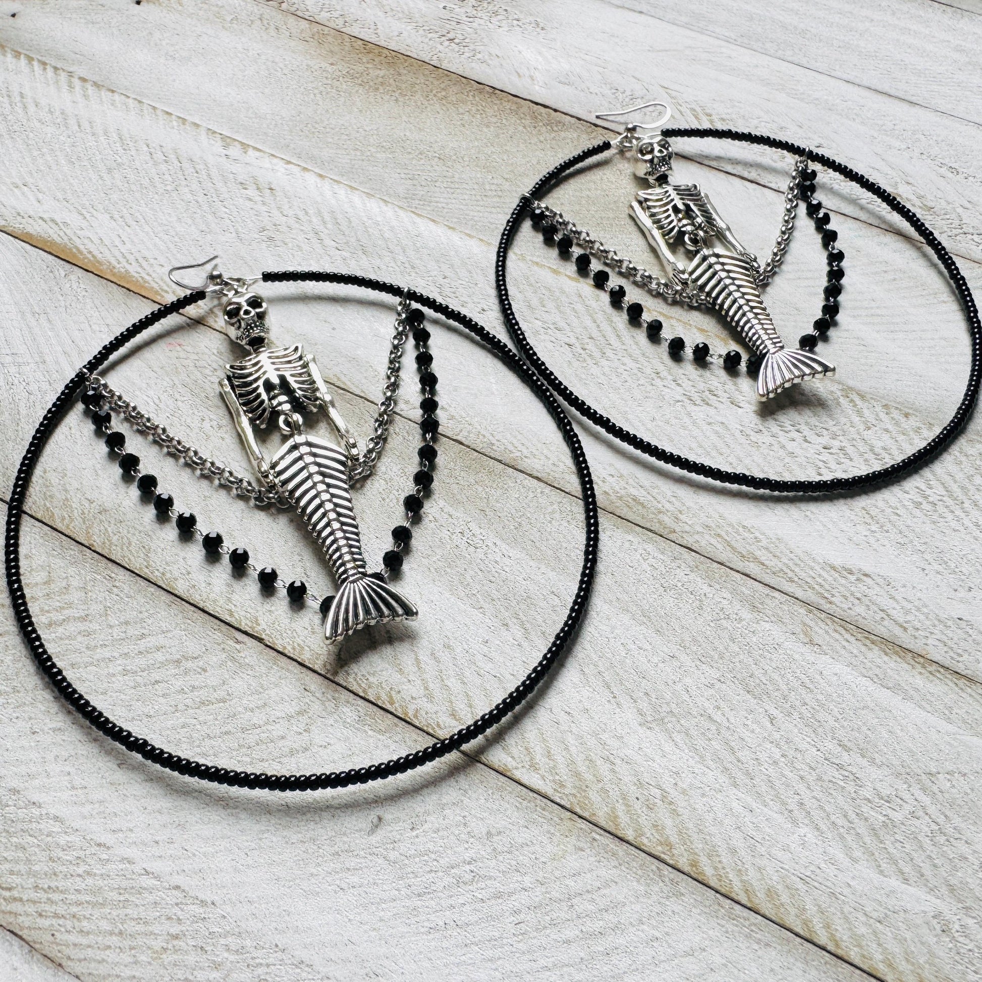 Skeleton Earrings, Mermaid Earrings, Beaded Hoop Earrings, Silver Earrings, Birthday Present for Her, Gothic, Unique Gift for Adults
