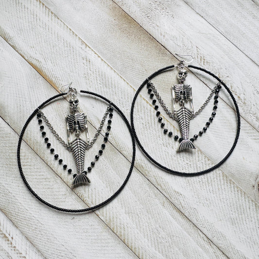 Skeleton Earrings, Mermaid Earrings, Beaded Hoop Earrings, Silver Earrings, Birthday Present for Her, Gothic, Unique Gift for Adults