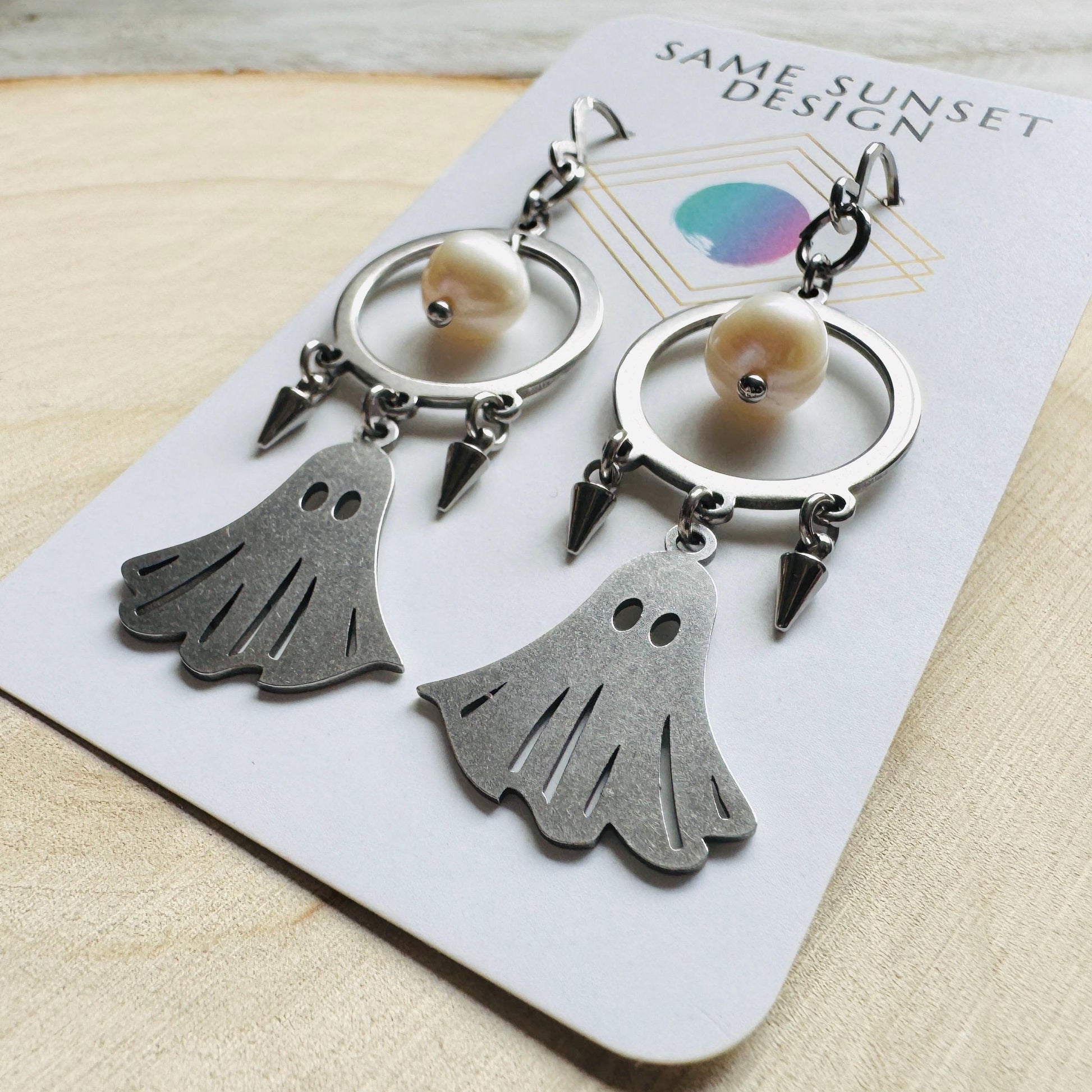 Ghost Earrings, Pearl Earrings Dangle, Spike Earrings, Unique Halloween Gifts, Goth Earrings for Women, Birthday Gift for Daughter, Silver