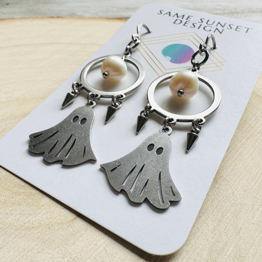 Ghost Earrings, Pearl Earrings Dangle, Spike Earrings, Unique Halloween Gifts, Goth Earrings for Women, Birthday Gift for Daughter, Silver