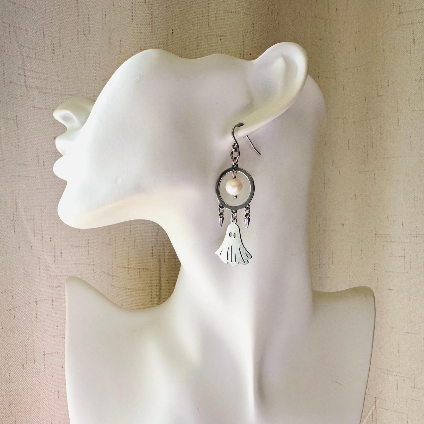 Ghost Earrings, Pearl Earrings Dangle, Spike Earrings, Unique Halloween Gifts, Goth Earrings for Women, Birthday Gift for Daughter, Silver