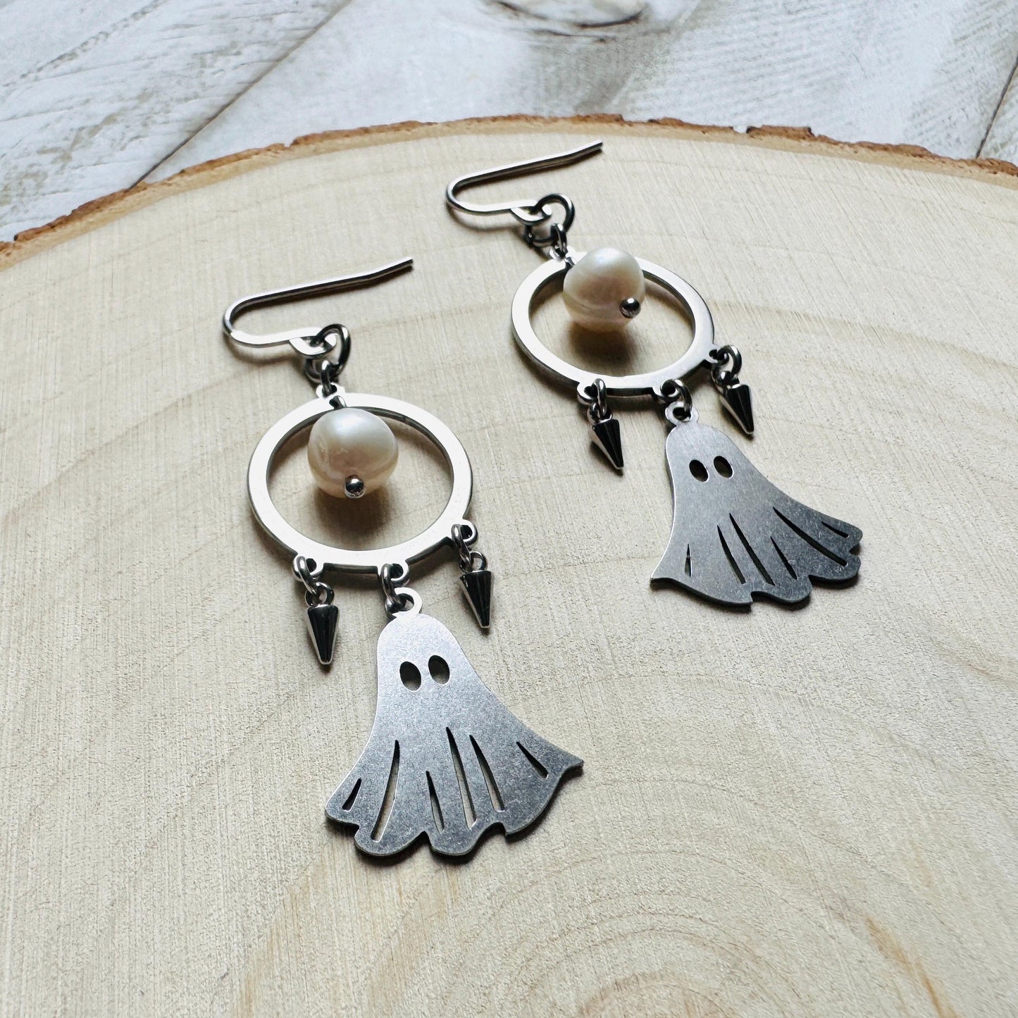 Ghost Earrings, Pearl Earrings Dangle, Spike Earrings, Unique Halloween Gifts, Goth Earrings for Women, Birthday Gift for Daughter, Silver