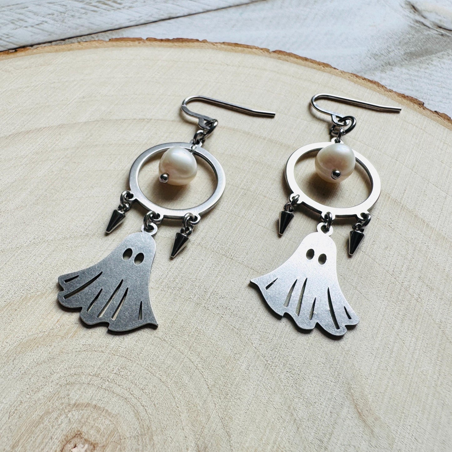 Ghost Earrings, Pearl Earrings Dangle, Spike Earrings, Unique Halloween Gifts, Goth Earrings for Women, Birthday Gift for Daughter, Silver
