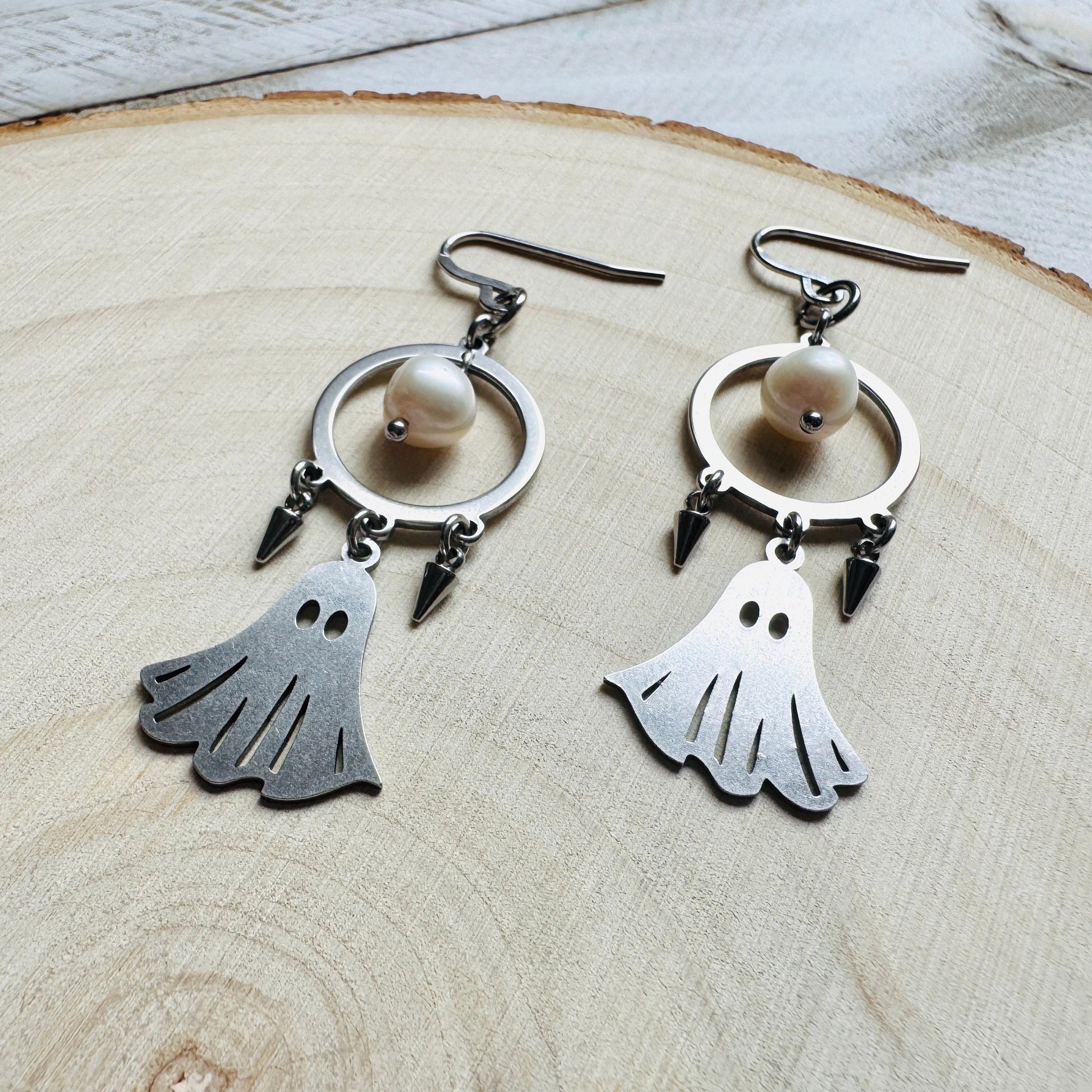 Ghost Earrings, Pearl Earrings Dangle, Spike Earrings, Unique Halloween Gifts, Goth Earrings for Women, Birthday Gift for Daughter, Silver