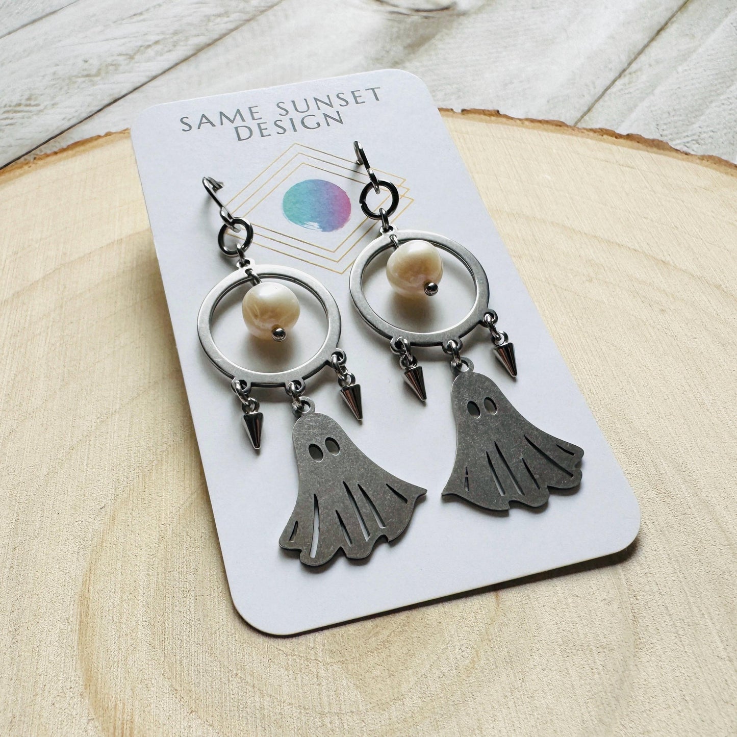 Ghost Earrings, Pearl Earrings Dangle, Spike Earrings, Unique Halloween Gifts, Goth Earrings for Women, Birthday Gift for Daughter, Silver