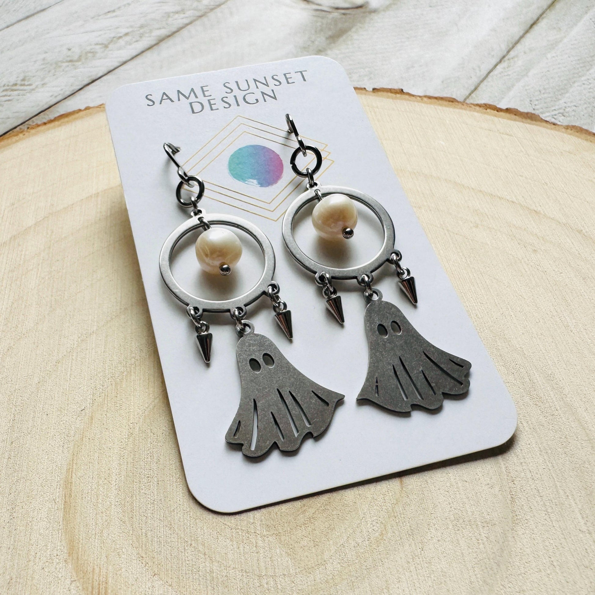 Ghost Earrings, Pearl Earrings Dangle, Spike Earrings, Unique Halloween Gifts, Goth Earrings for Women, Birthday Gift for Daughter, Silver