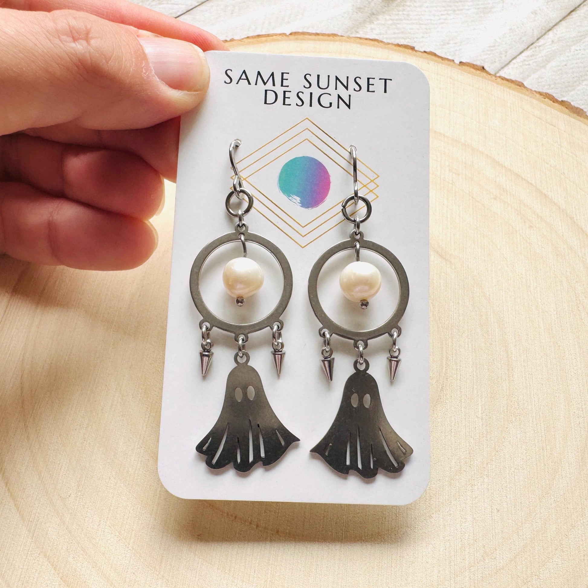 Ghost Earrings, Pearl Earrings Dangle, Spike Earrings, Unique Halloween Gifts, Goth Earrings for Women, Birthday Gift for Daughter, Silver
