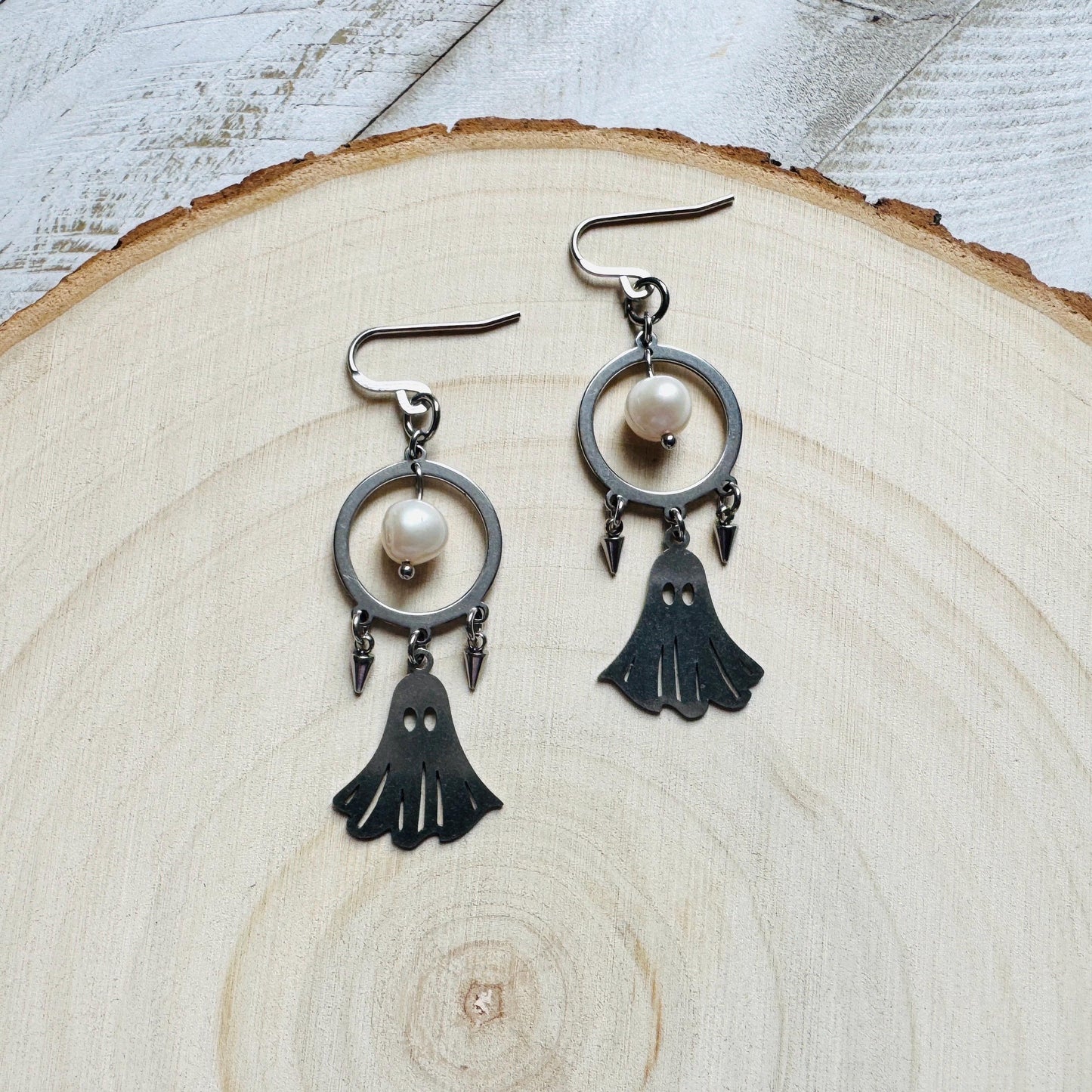 Ghost Earrings, Pearl Earrings Dangle, Spike Earrings, Unique Halloween Gifts, Goth Earrings for Women, Birthday Gift for Daughter, Silver