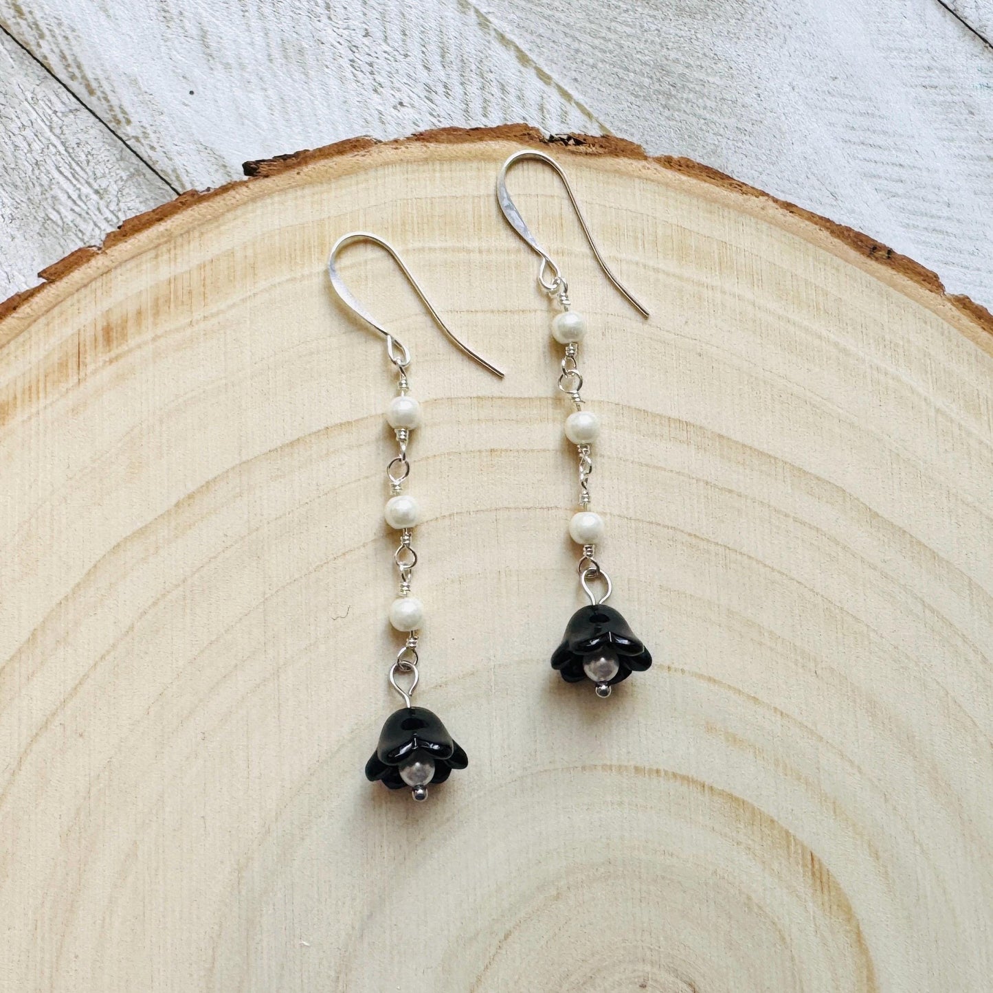 Glass Flower Earrings, Silver Earrings, Pearl Earrings Dangle, Goth Earrings, Bridesmaid Jewelry, Cottagecore Jewelry, Plant Mom Gift