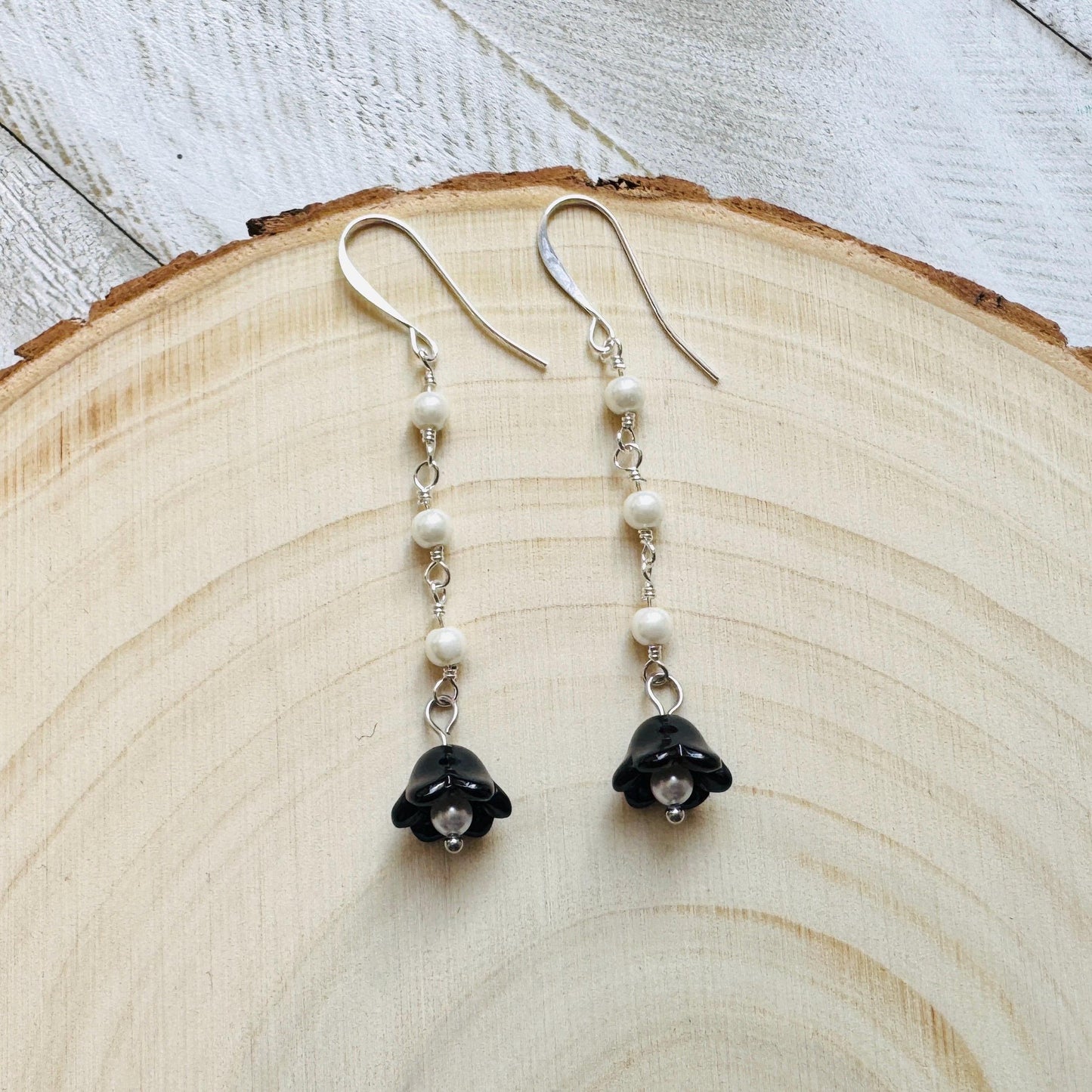 Glass Flower Earrings, Silver Earrings, Pearl Earrings Dangle, Goth Earrings, Bridesmaid Jewelry, Cottagecore Jewelry, Plant Mom Gift