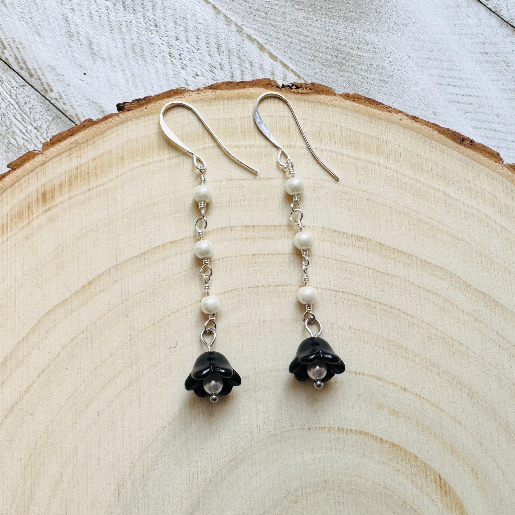 Glass Flower Earrings, Silver Earrings, Pearl Earrings Dangle, Goth Earrings, Bridesmaid Jewelry, Cottagecore Jewelry, Plant Mom Gift