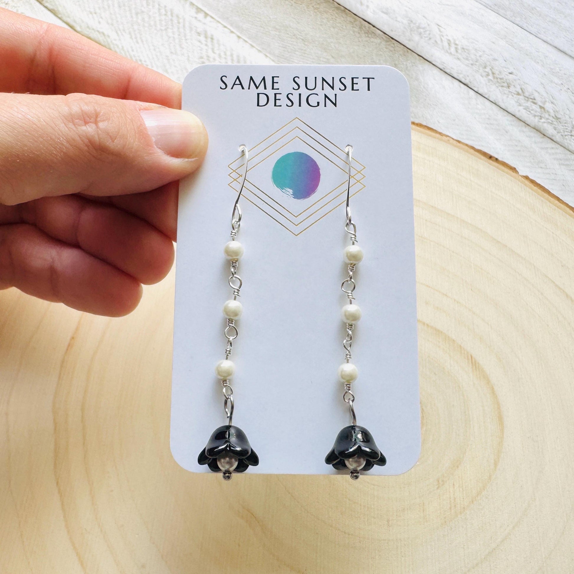 Glass Flower Earrings, Silver Earrings, Pearl Earrings Dangle, Goth Earrings, Bridesmaid Jewelry, Cottagecore Jewelry, Plant Mom Gift