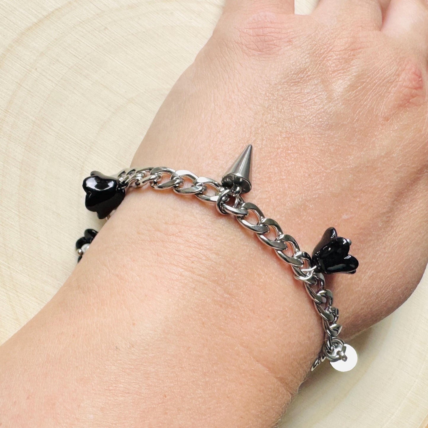 Chain Bracelet, Stainless Steel Bracelet, Flower Bracelet, Punk Bracelet, Goth Bracelet Silver, Spike Bracelet, Friend Gifts For Birthday