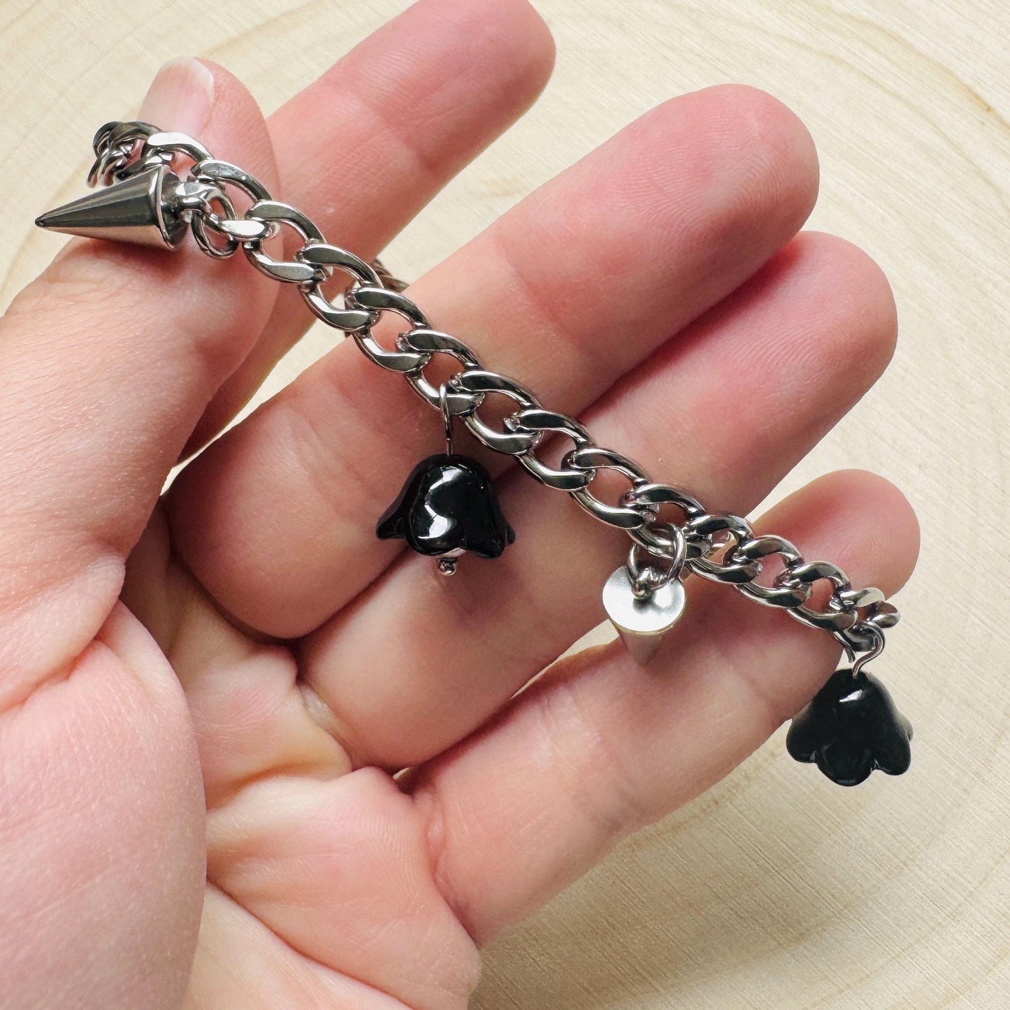 Chain Bracelet, Stainless Steel Bracelet, Flower Bracelet, Punk Bracelet, Goth Bracelet Silver, Spike Bracelet, Friend Gifts For Birthday