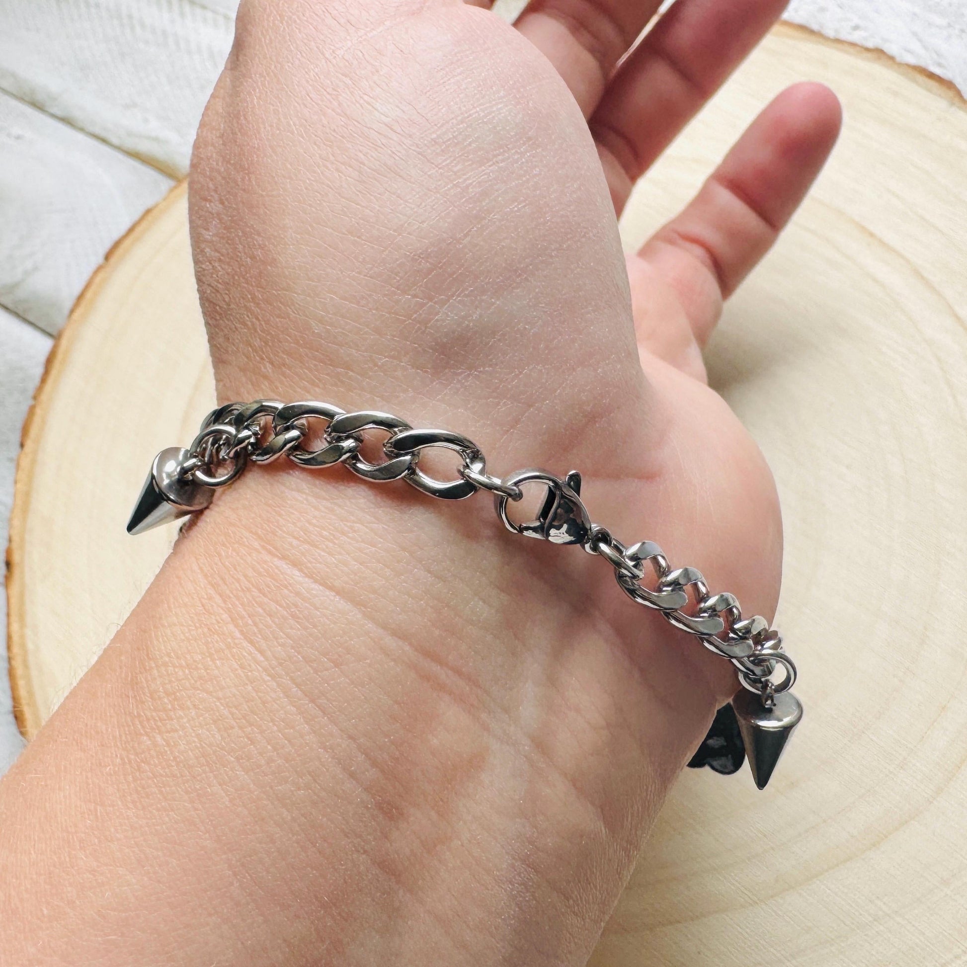 Chain Bracelet, Stainless Steel Bracelet, Flower Bracelet, Punk Bracelet, Goth Bracelet Silver, Spike Bracelet, Friend Gifts For Birthday