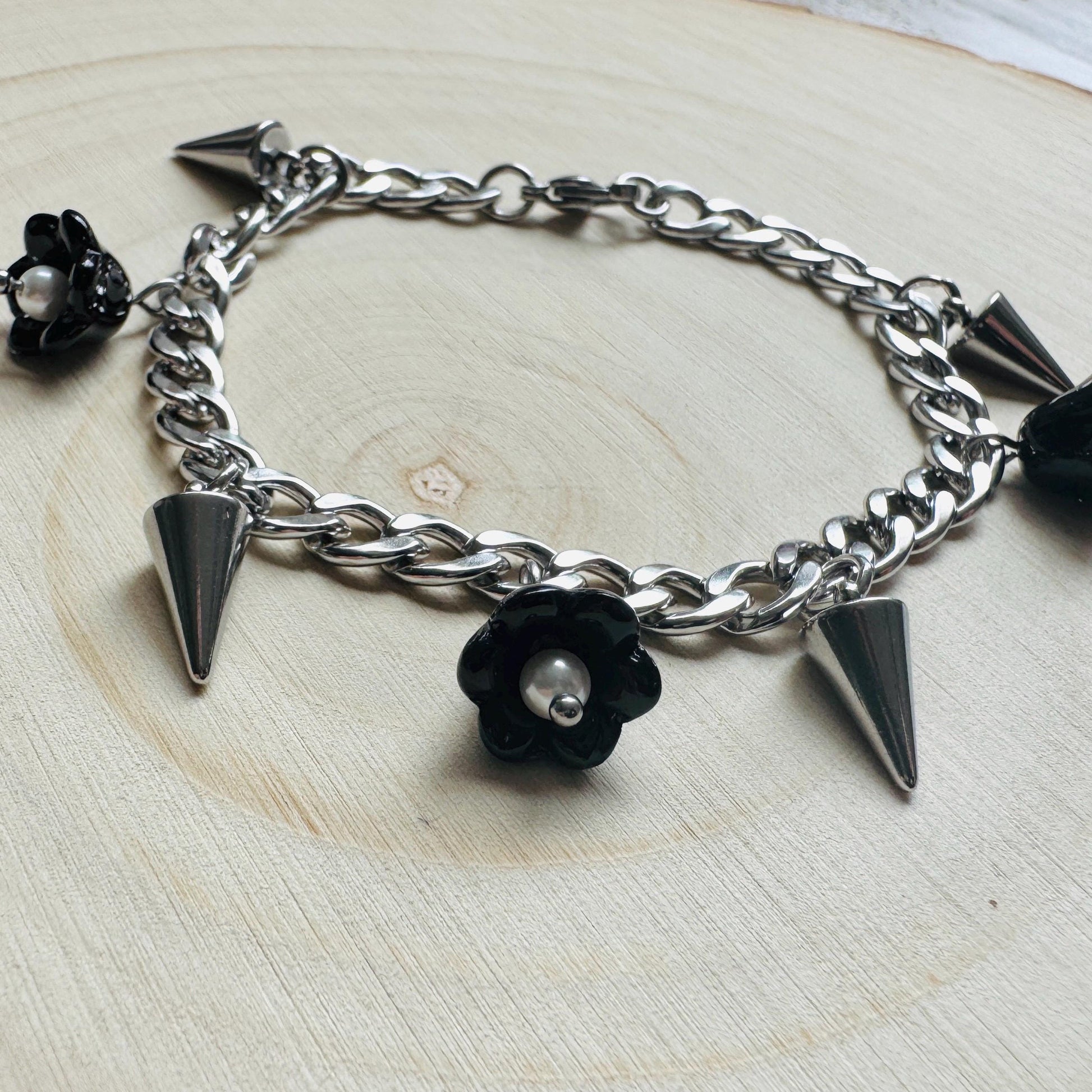 Chain Bracelet, Stainless Steel Bracelet, Flower Bracelet, Punk Bracelet, Goth Bracelet Silver, Spike Bracelet, Friend Gifts For Birthday