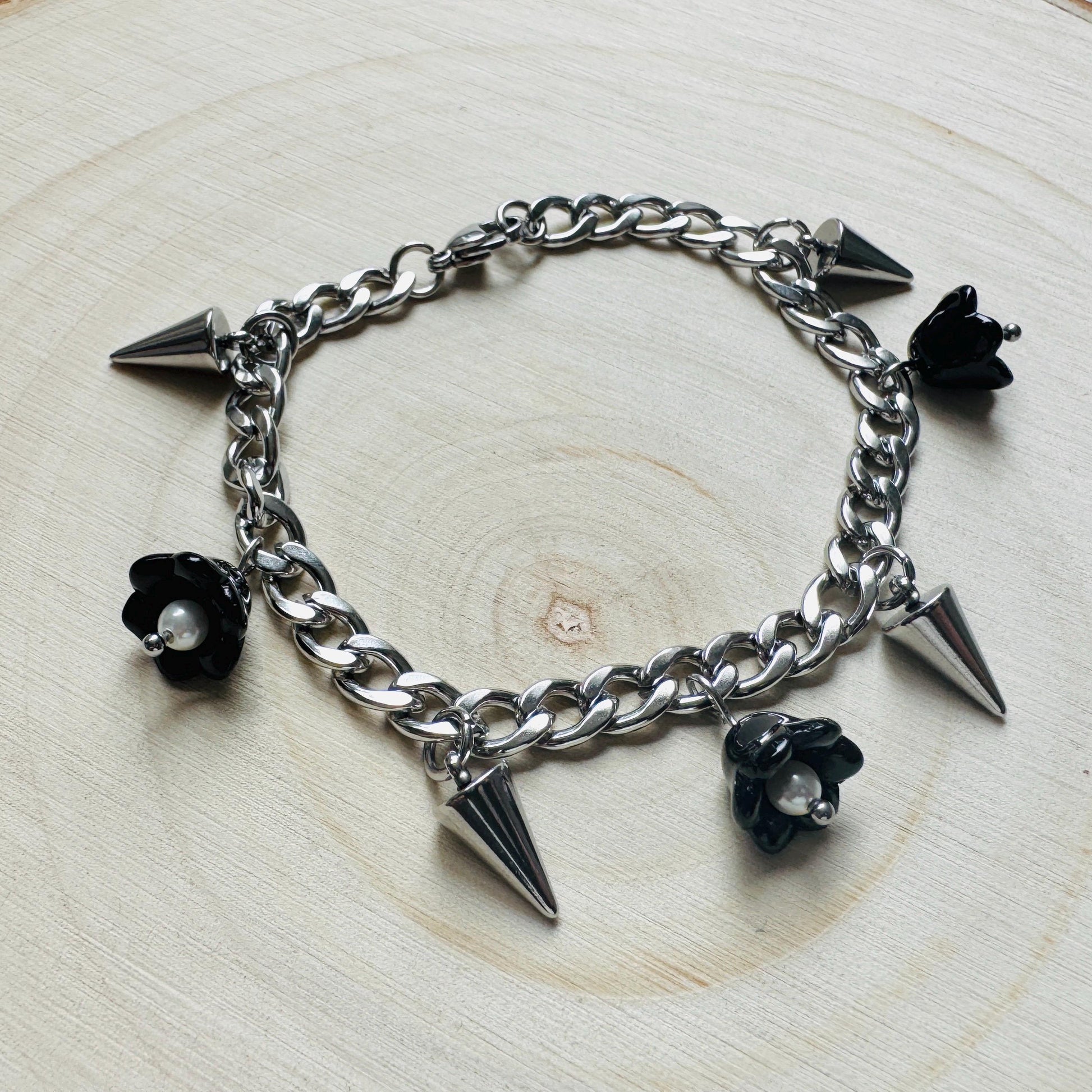 Chain Bracelet, Stainless Steel Bracelet, Flower Bracelet, Punk Bracelet, Goth Bracelet Silver, Spike Bracelet, Friend Gifts For Birthday