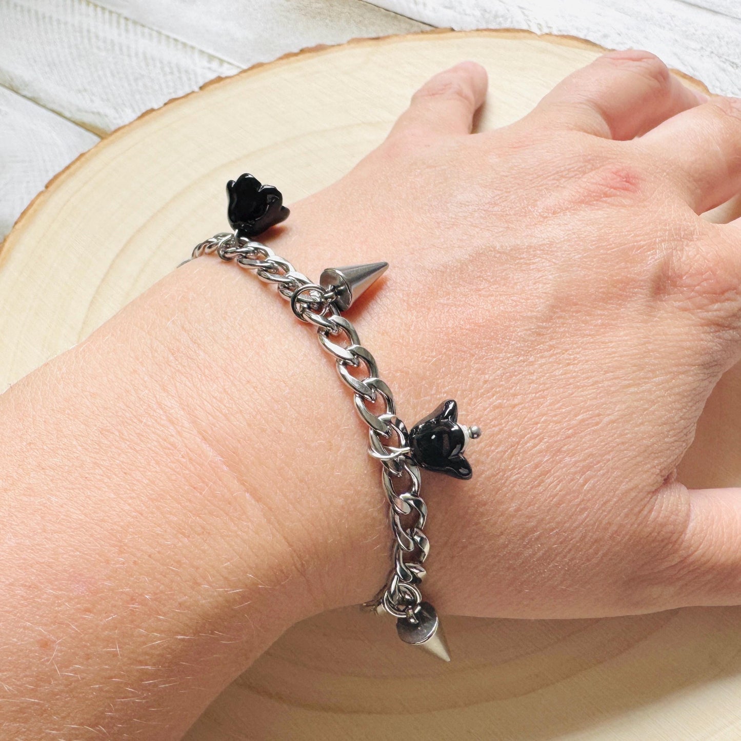 Chain Bracelet, Stainless Steel Bracelet, Flower Bracelet, Punk Bracelet, Goth Bracelet Silver, Spike Bracelet, Friend Gifts For Birthday