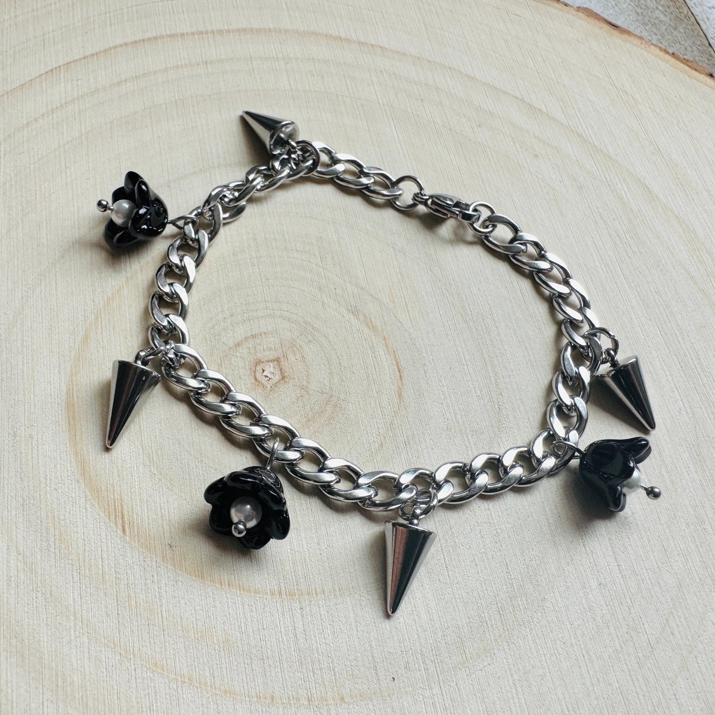 Chain Bracelet, Stainless Steel Bracelet, Flower Bracelet, Punk Bracelet, Goth Bracelet Silver, Spike Bracelet, Friend Gifts For Birthday