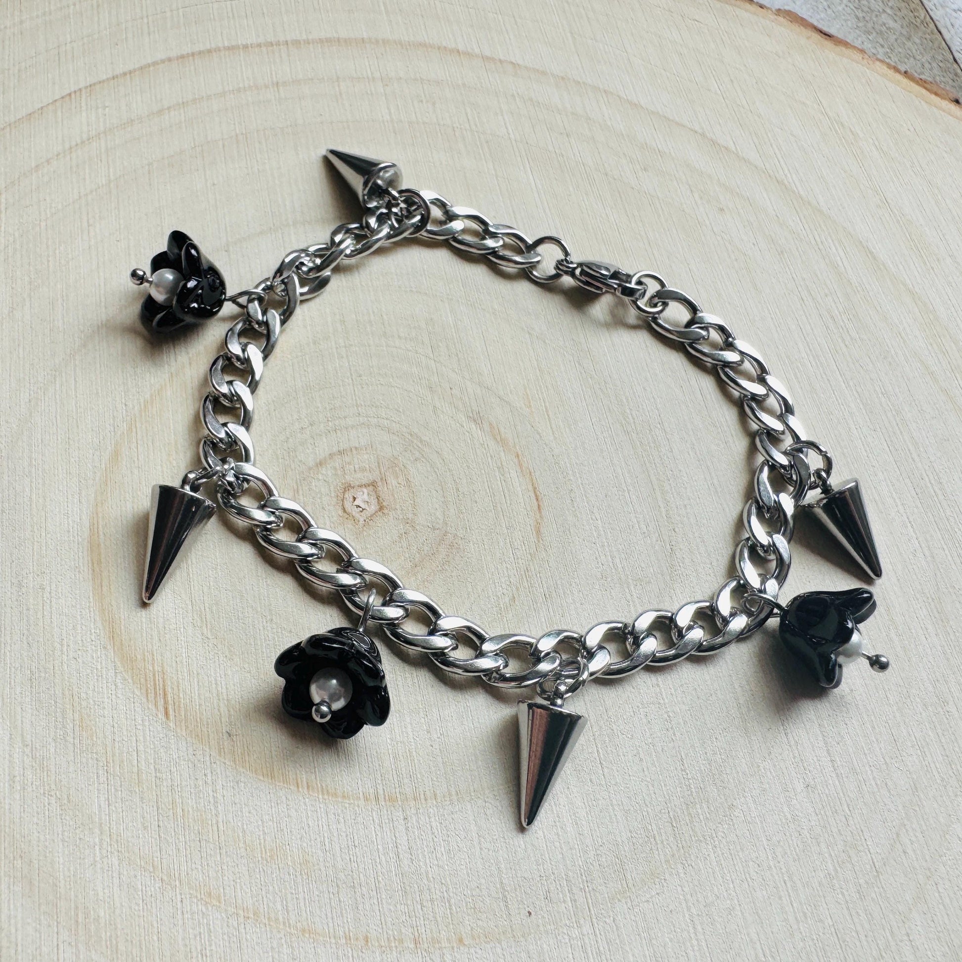 Chain Bracelet, Stainless Steel Bracelet, Flower Bracelet, Punk Bracelet, Goth Bracelet Silver, Spike Bracelet, Friend Gifts For Birthday
