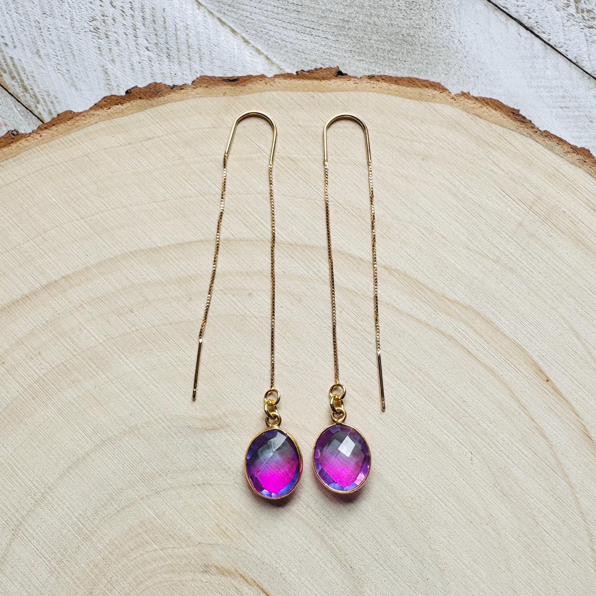 Quartz Earrings, Threader Earrings, Pink Earrings, Fun Earrings, Trendy Jewelry, Wedding Jewelry, Minimalistic Bridesmaid Gift for Her