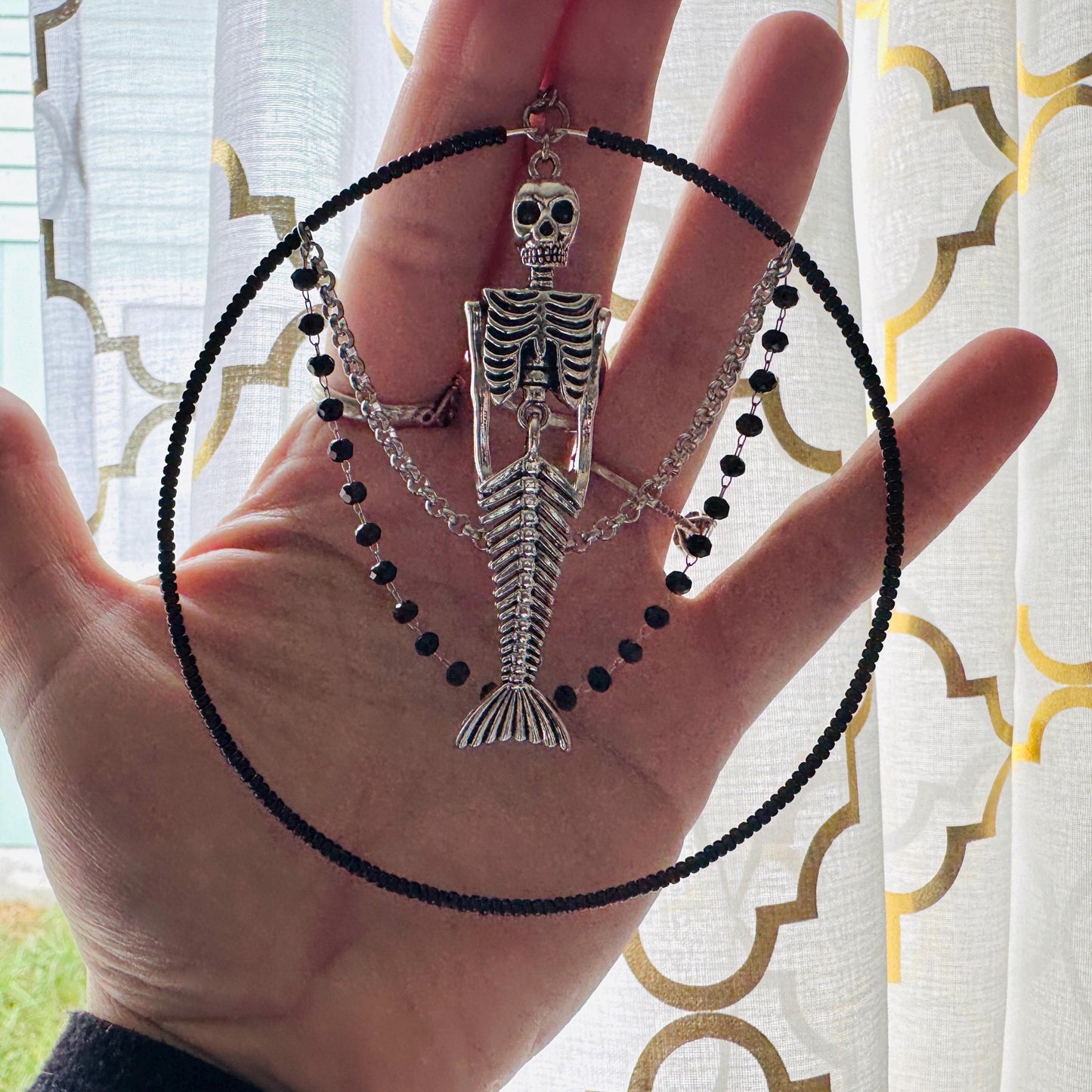 Skeleton Earrings, Mermaid Earrings, Beaded Hoop Earrings, Silver Earrings, Birthday Present for Her, Gothic, Unique Gift for Adults