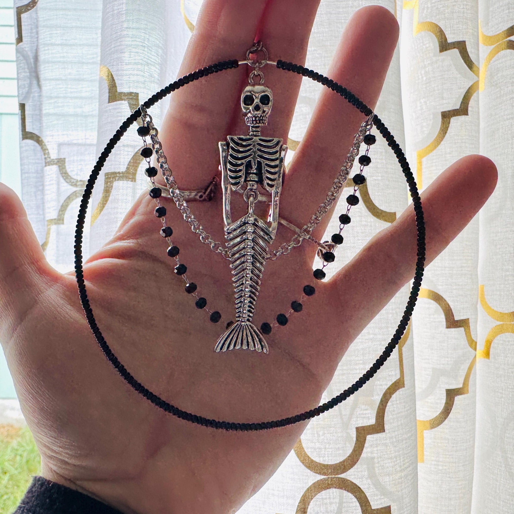 Skeleton Earrings, Mermaid Earrings, Beaded Hoop Earrings, Silver Earrings, Birthday Present for Her, Gothic, Unique Gift for Adults
