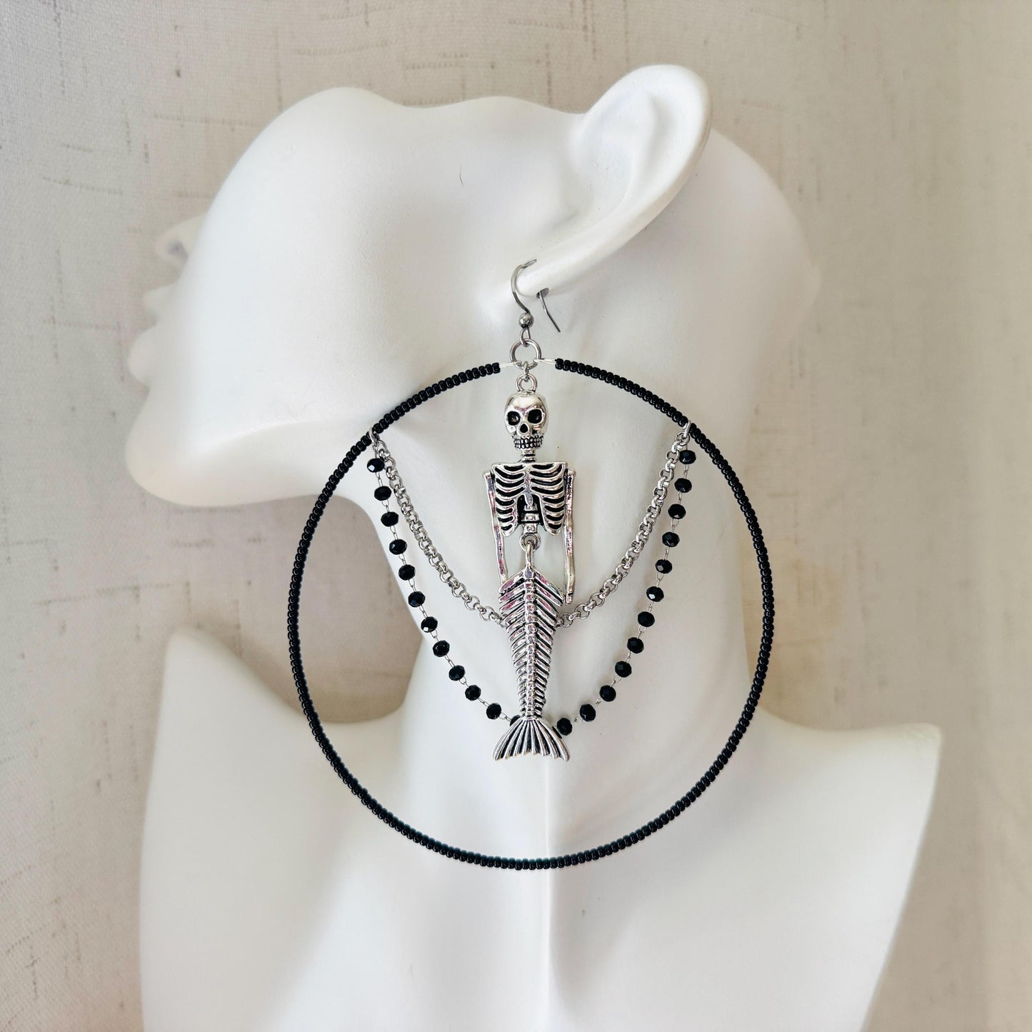 Skeleton Earrings, Mermaid Earrings, Beaded Hoop Earrings, Silver Earrings, Birthday Present for Her, Gothic, Unique Gift for Adults