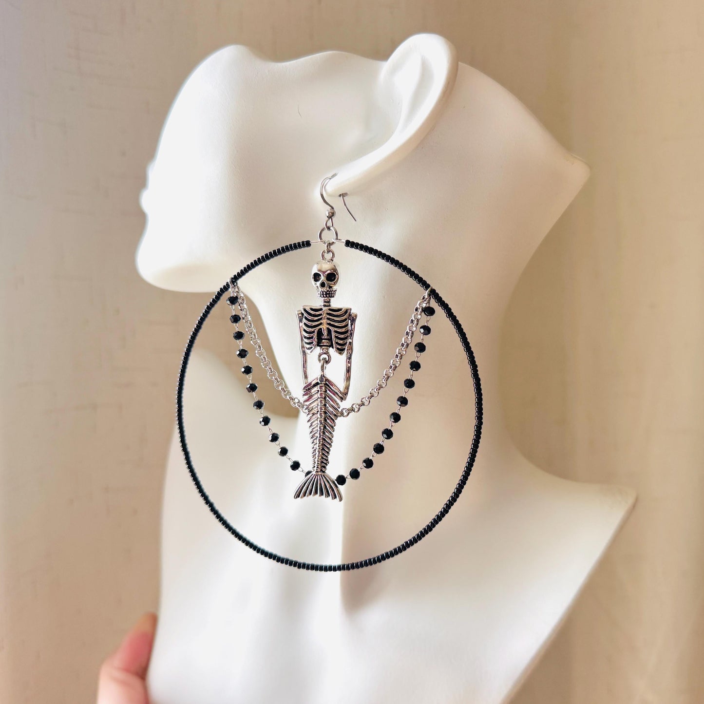 Skeleton Earrings, Mermaid Earrings, Beaded Hoop Earrings, Silver Earrings, Birthday Present for Her, Gothic, Unique Gift for Adults