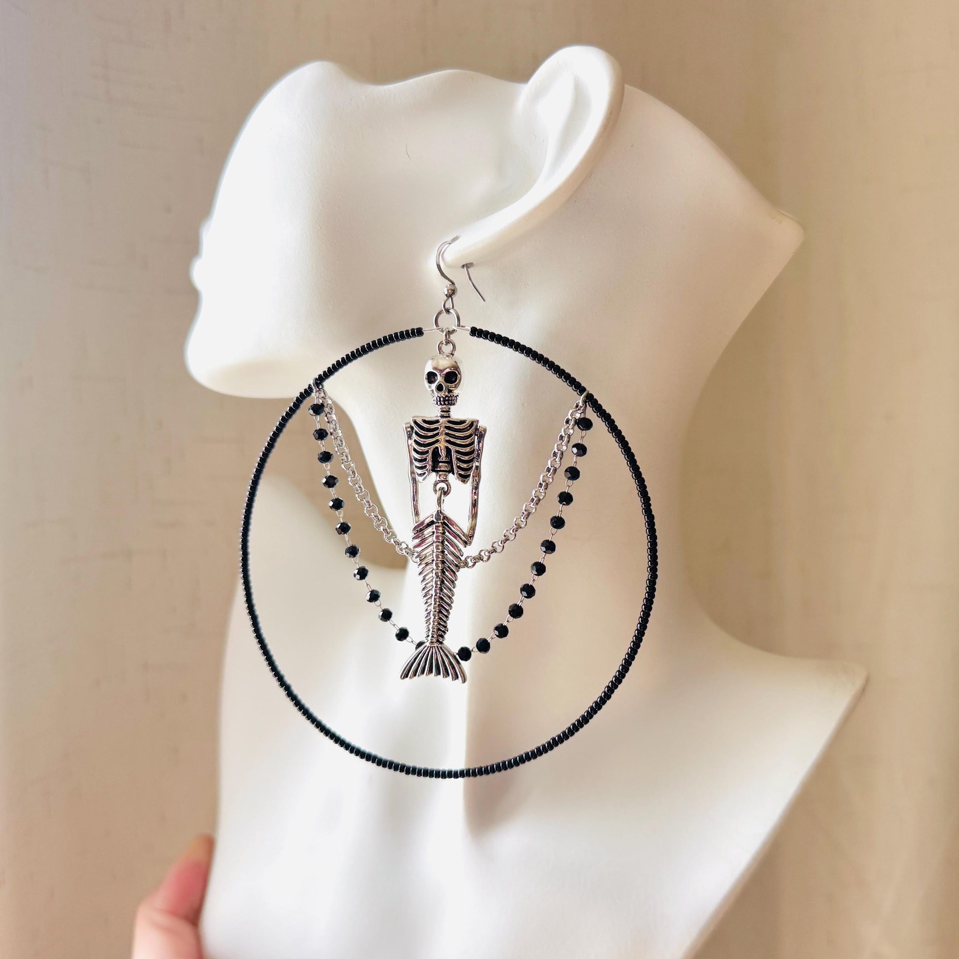 Skeleton Earrings, Mermaid Earrings, Beaded Hoop Earrings, Silver Earrings, Birthday Present for Her, Gothic, Unique Gift for Adults