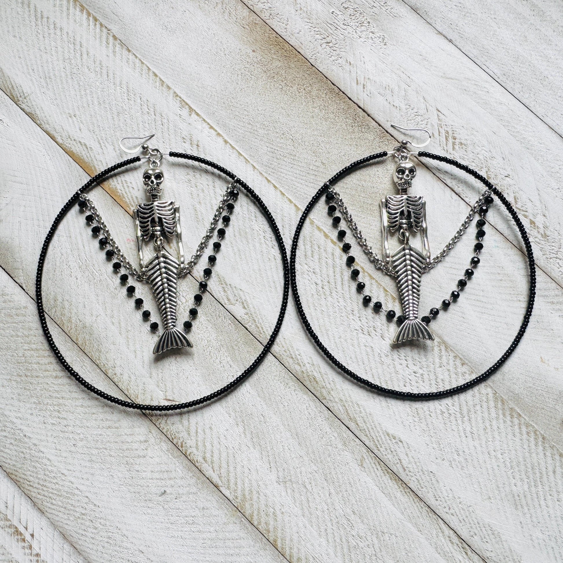 Skeleton Earrings, Mermaid Earrings, Beaded Hoop Earrings, Silver Earrings, Birthday Present for Her, Gothic, Unique Gift for Adults