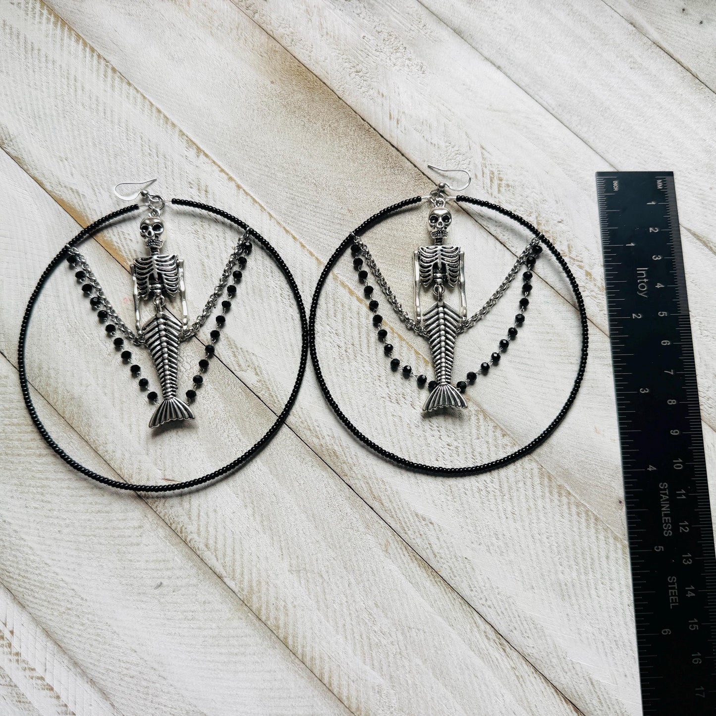 Skeleton Earrings, Mermaid Earrings, Beaded Hoop Earrings, Silver Earrings, Birthday Present for Her, Gothic, Unique Gift for Adults
