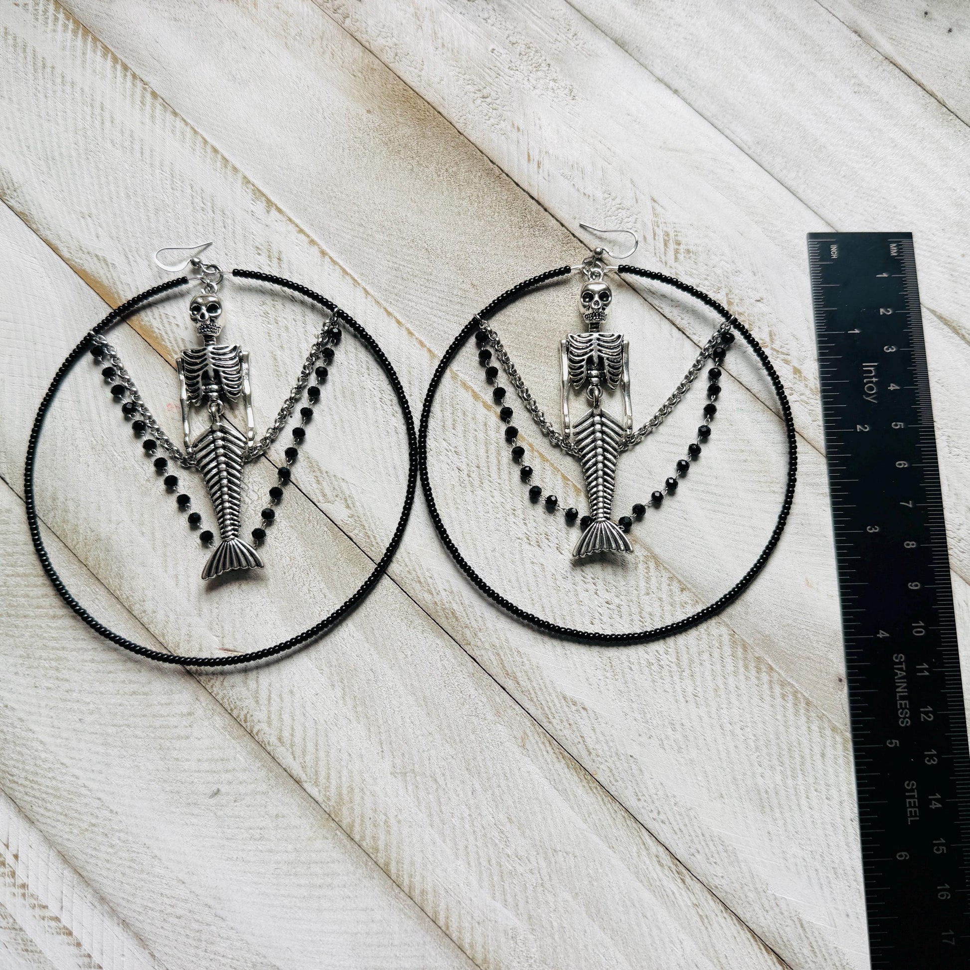 Skeleton Earrings, Mermaid Earrings, Beaded Hoop Earrings, Silver Earrings, Birthday Present for Her, Gothic, Unique Gift for Adults