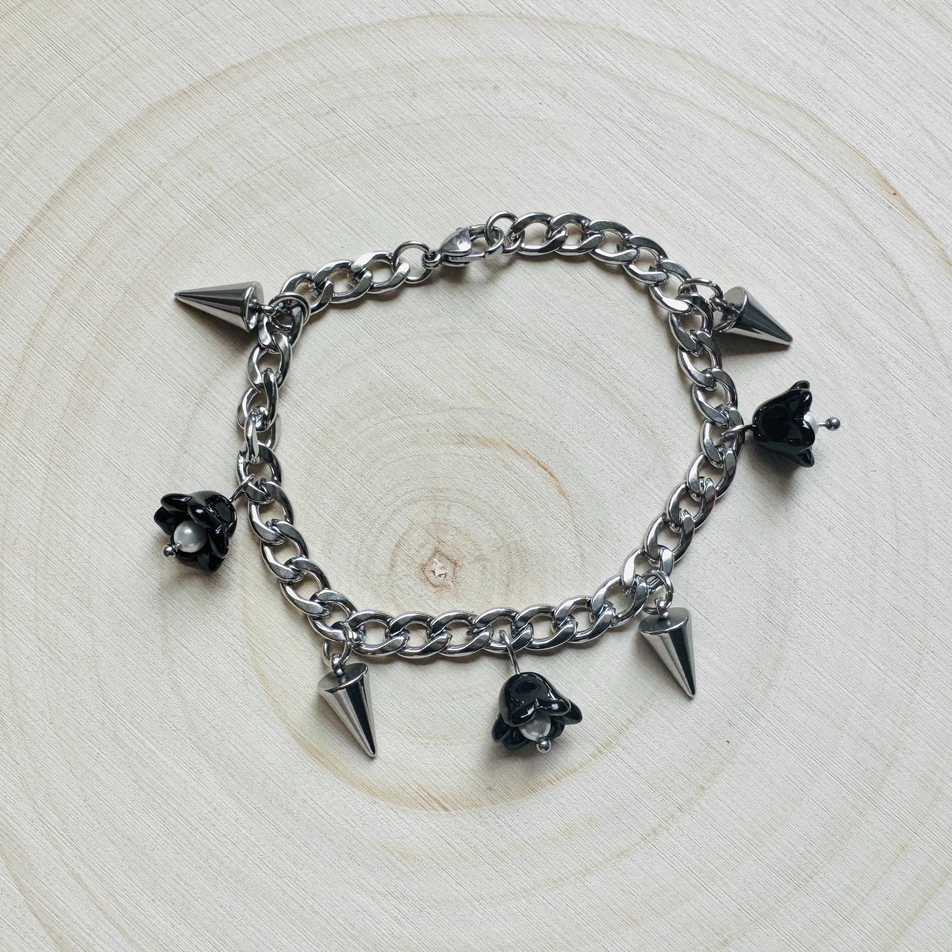 Chain Bracelet, Stainless Steel Bracelet, Flower Bracelet, Punk Bracelet, Goth Bracelet Silver, Spike Bracelet, Friend Gifts For Birthday
