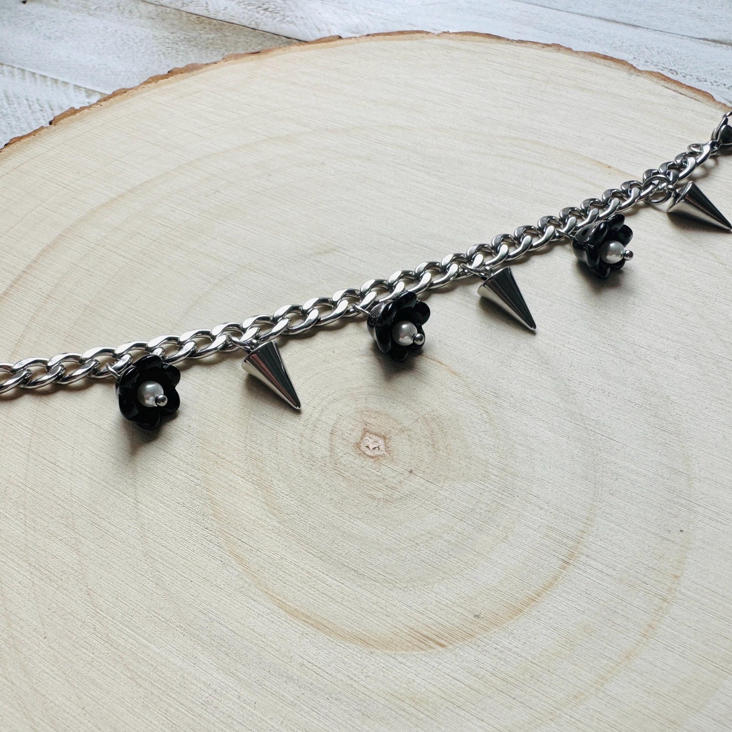 Chain Bracelet, Stainless Steel Bracelet, Flower Bracelet, Punk Bracelet, Goth Bracelet Silver, Spike Bracelet, Friend Gifts For Birthday