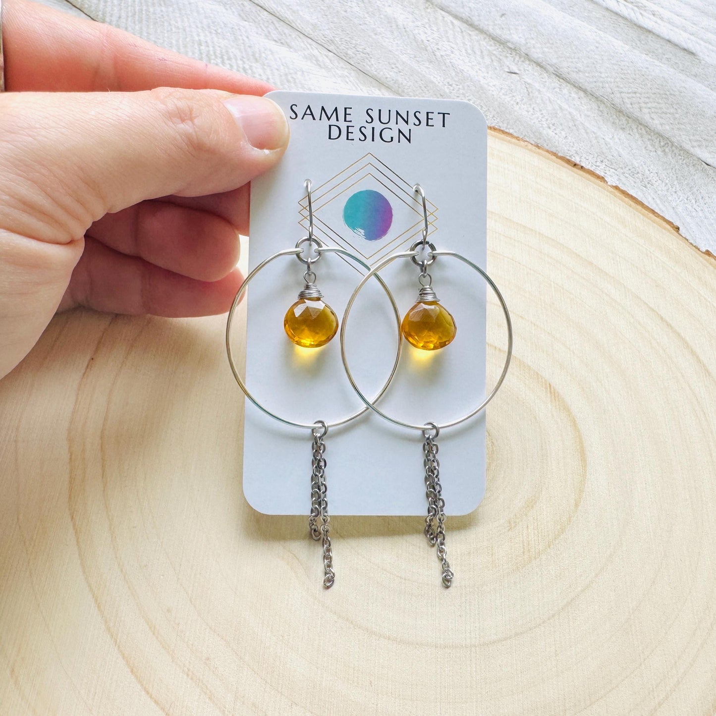 Citrine Earrings, Hoop Earrings Silver, Stainless Steel Earrings, Geometric Jewelry, Minimalistic Witchy Jewelry, Christmas Gifts for Aunt